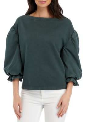 Wonderly Women's Petite Knit Woven Mix Pullover Top