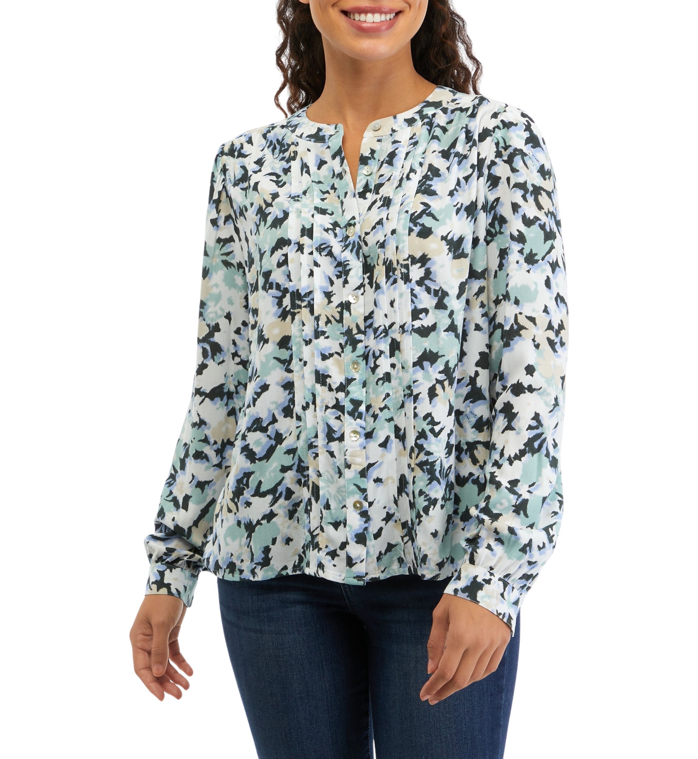Petite Long Sleeve Pintuck Printed Blouse