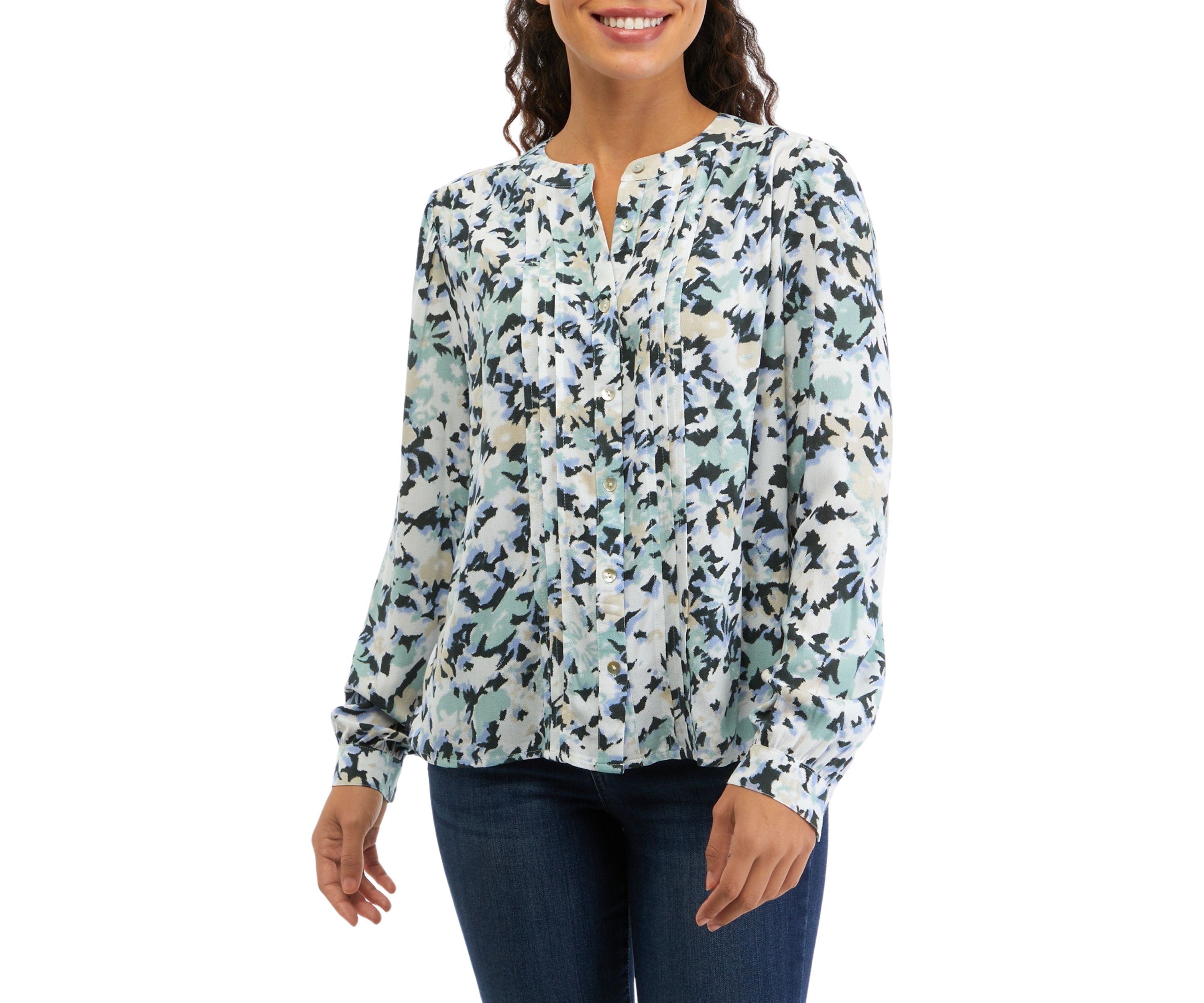 Petite Long Sleeve Pintuck Printed Blouse