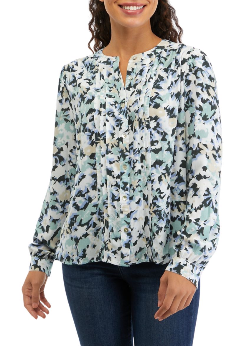 Petite Long Sleeve Pintuck Printed Blouse