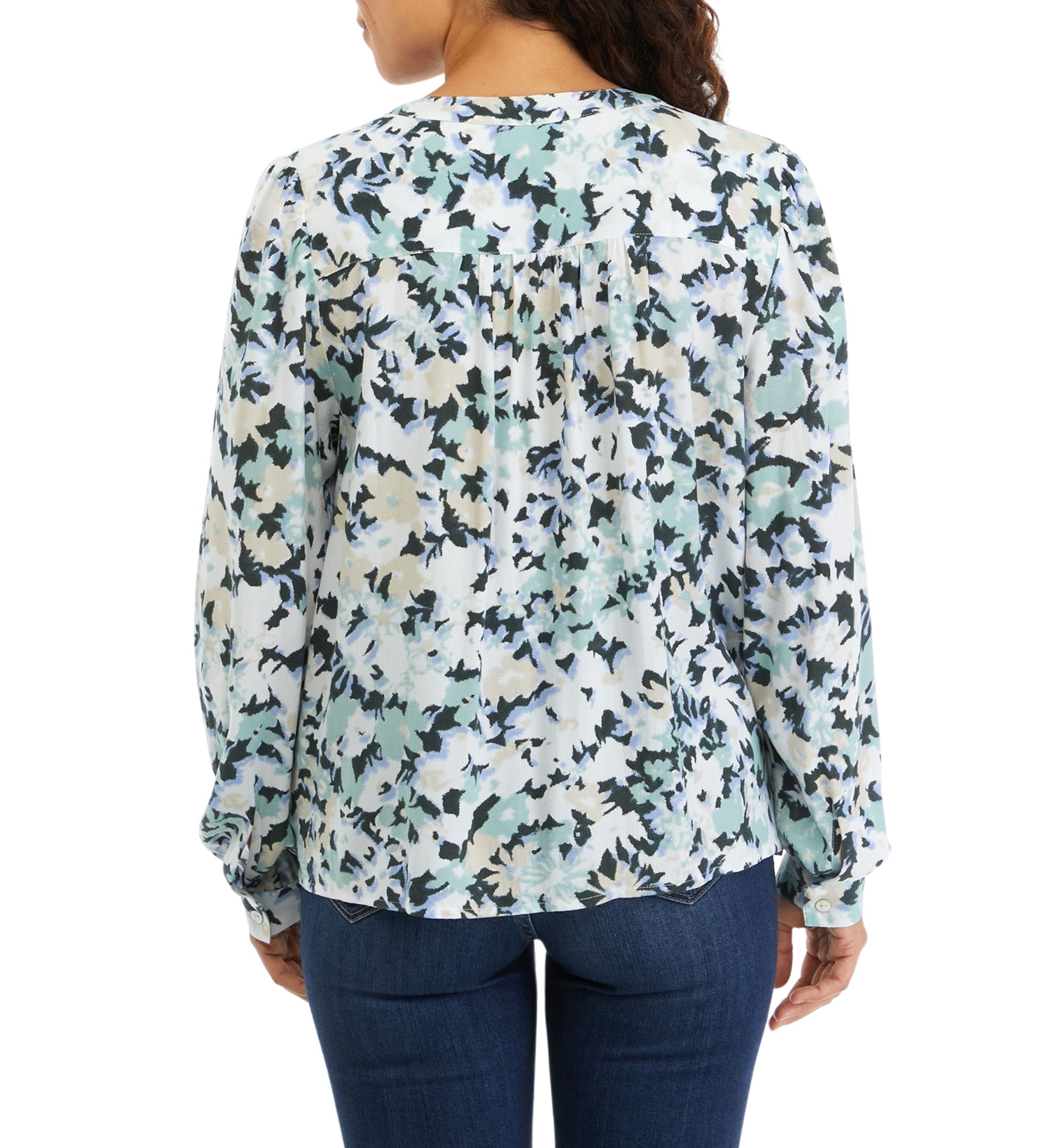 Petite Long Sleeve Pintuck Printed Blouse