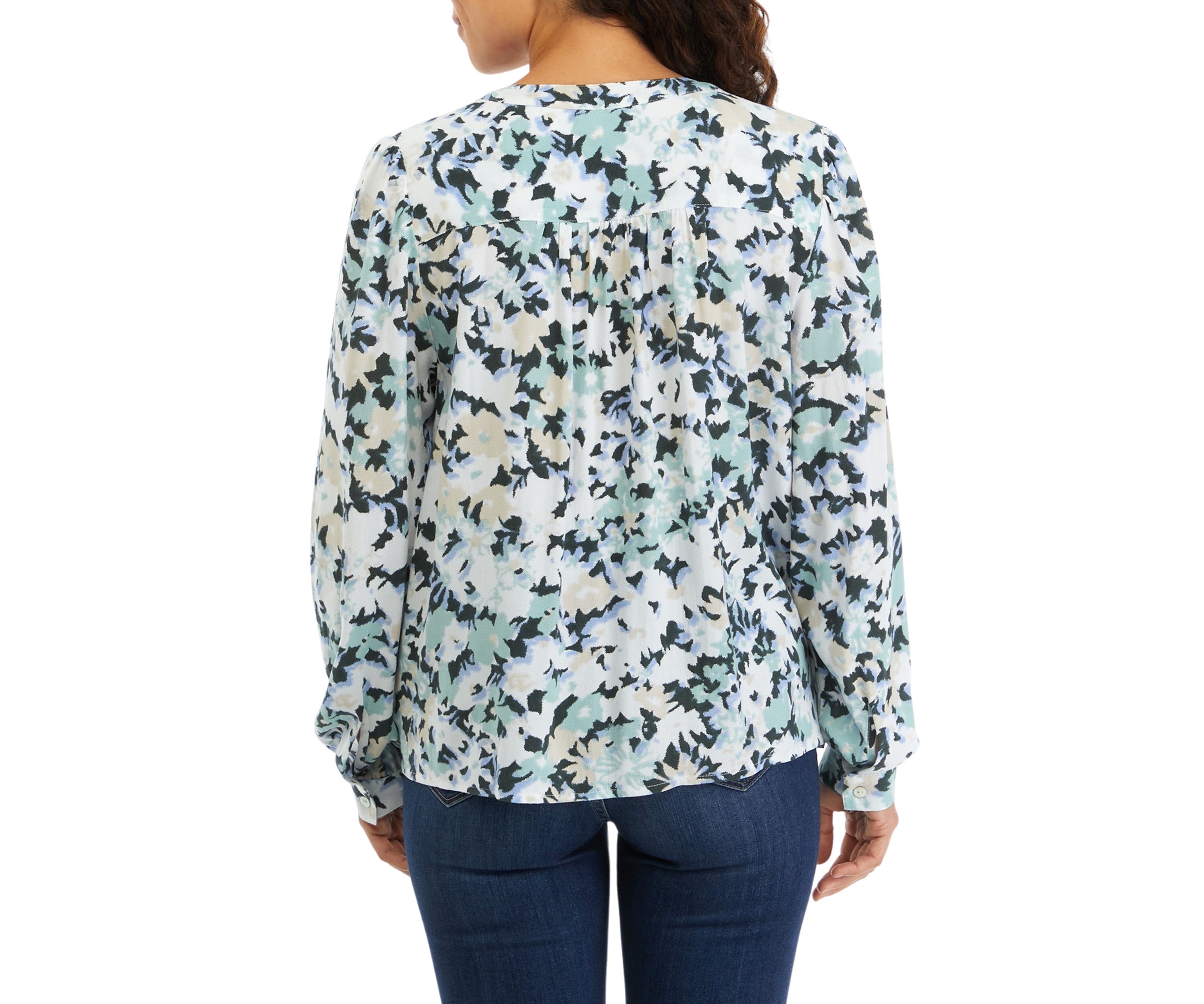 Petite Long Sleeve Pintuck Printed Blouse