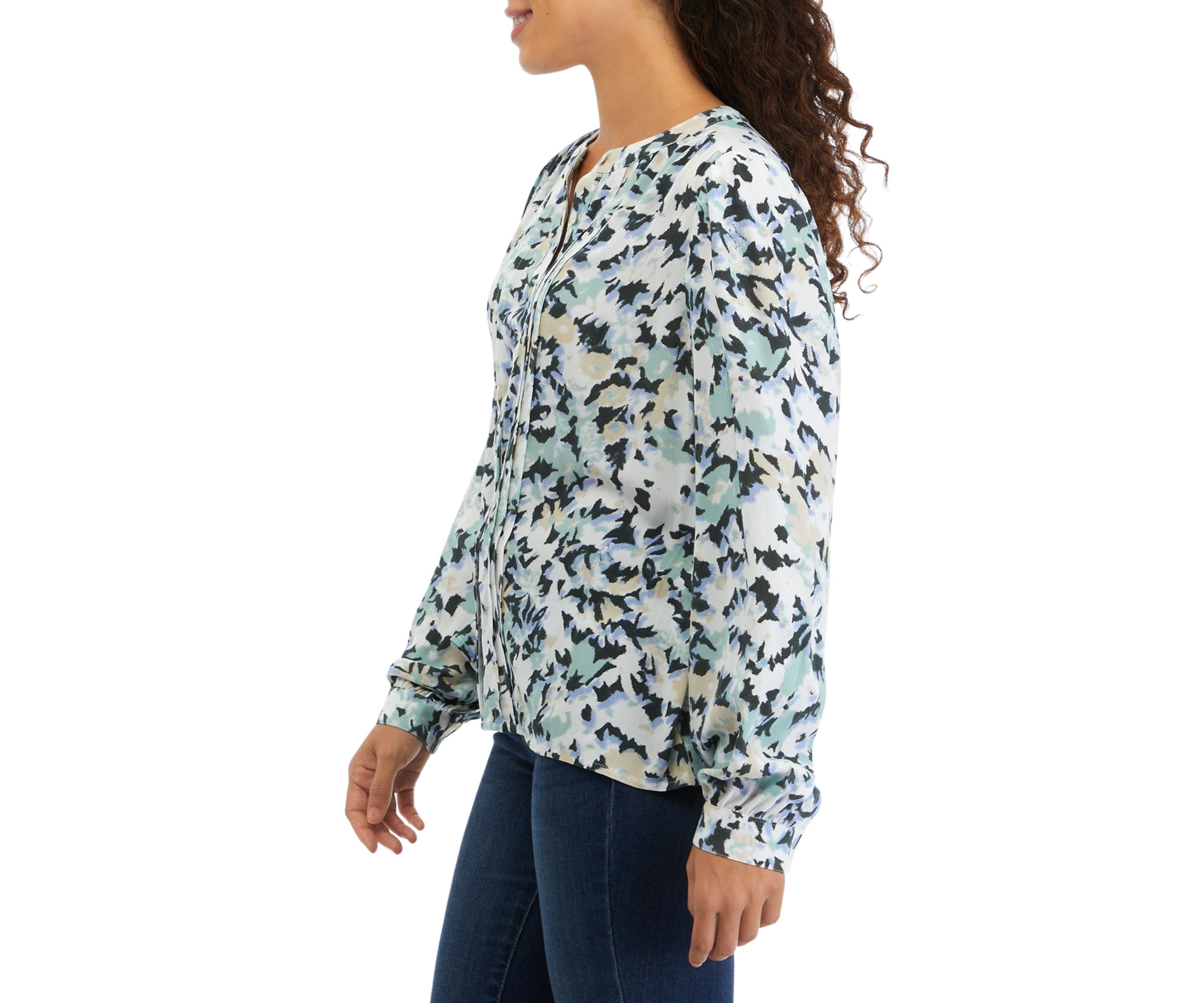 Petite Long Sleeve Pintuck Printed Blouse