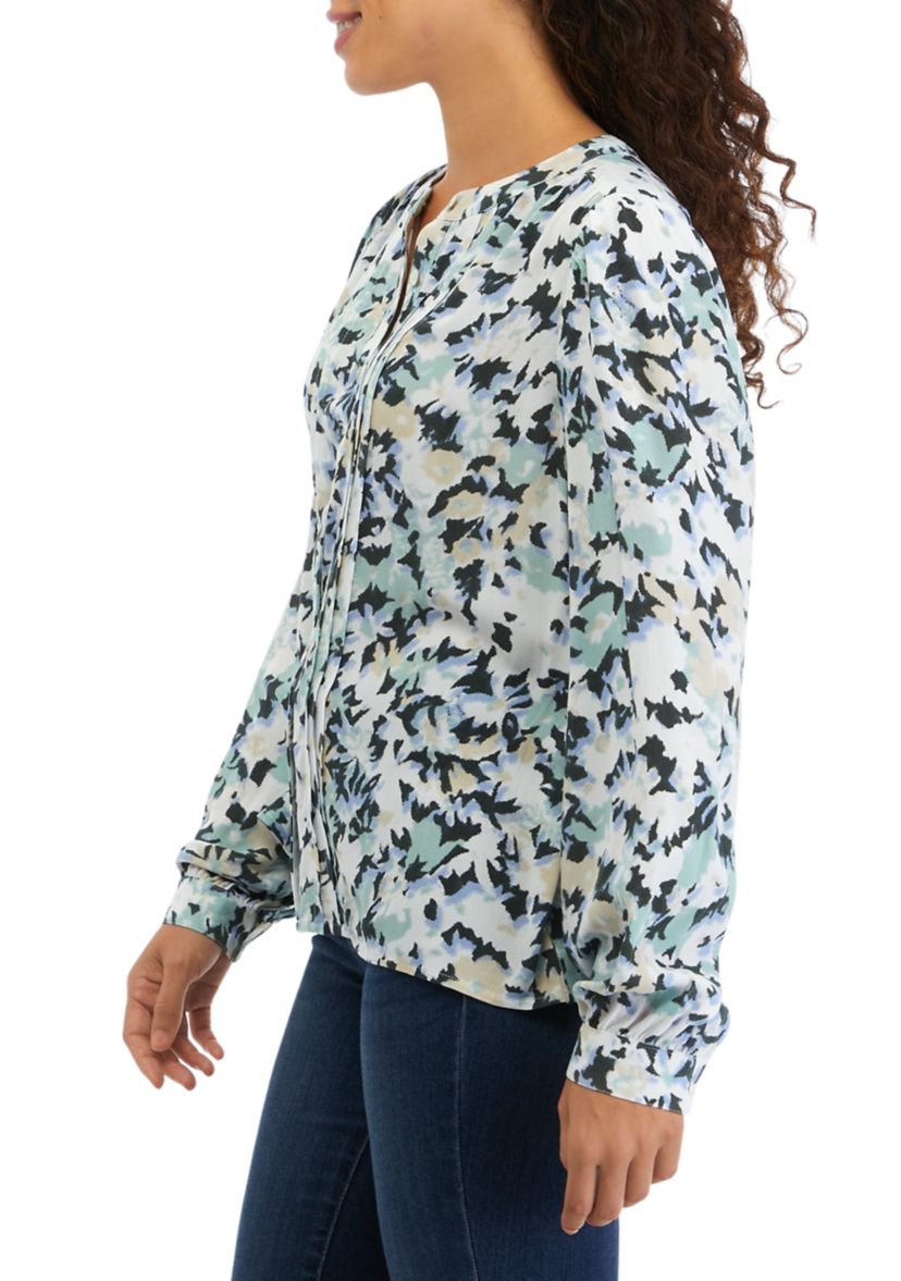 Petite Long Sleeve Pintuck Printed Blouse