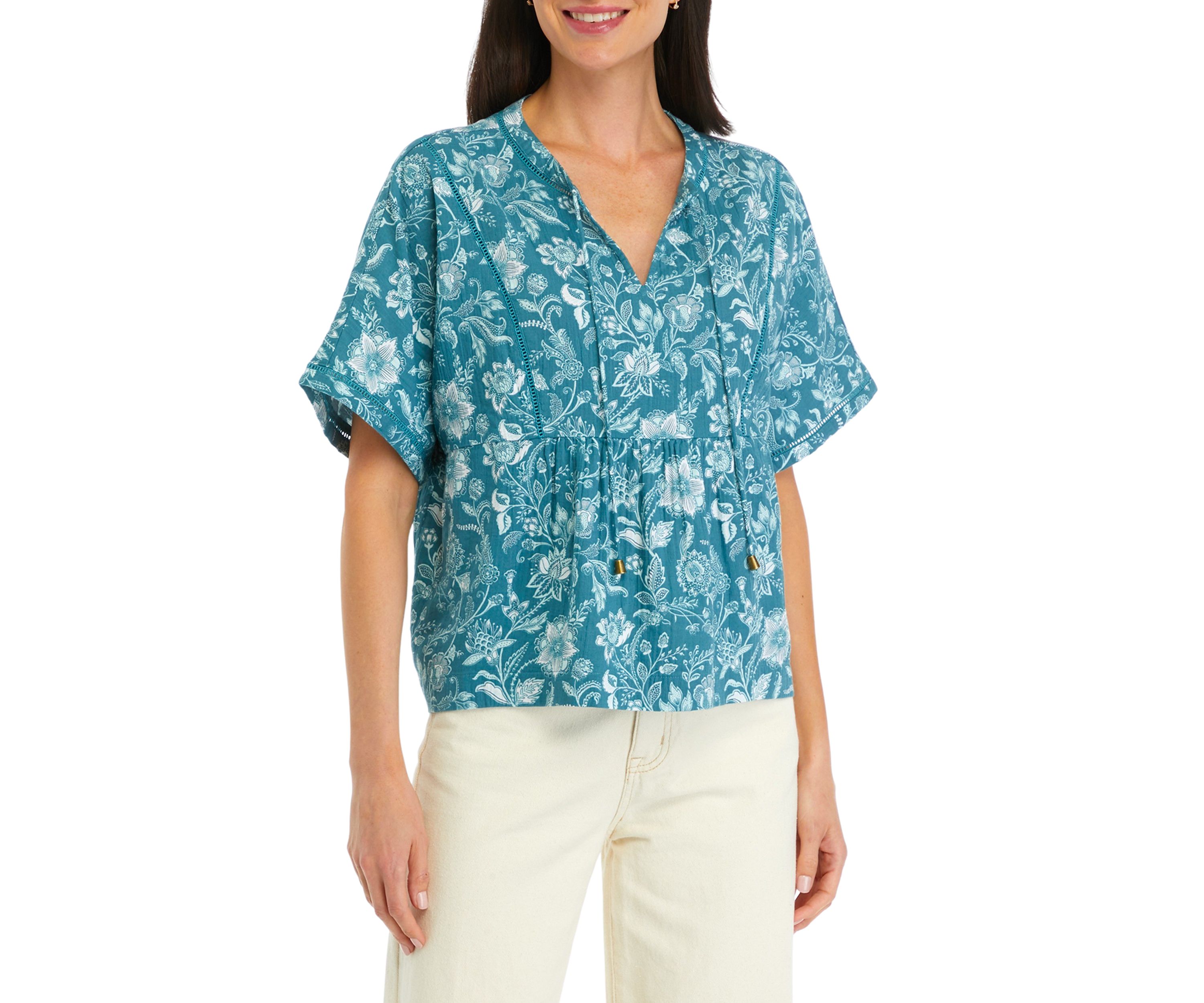 Petite Printed Relaxed Gauze Peasant Top