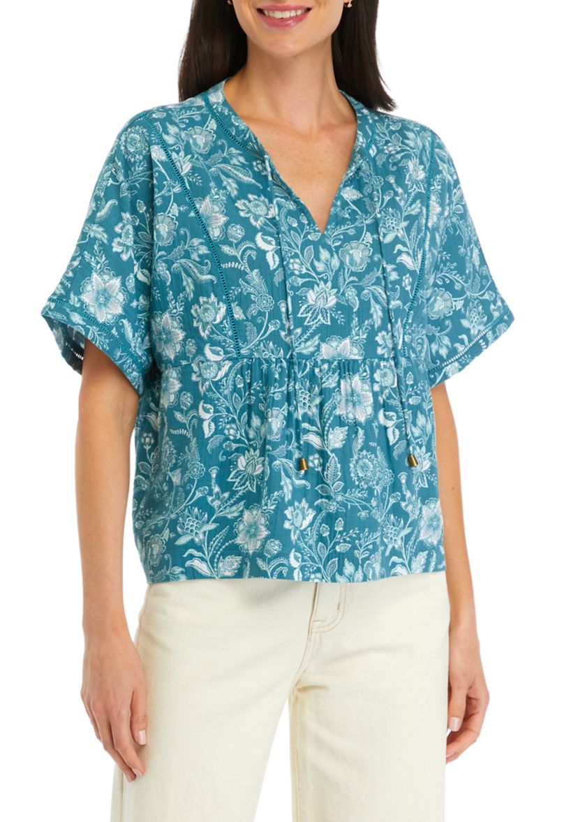Petite Printed Relaxed Gauze Peasant Top
