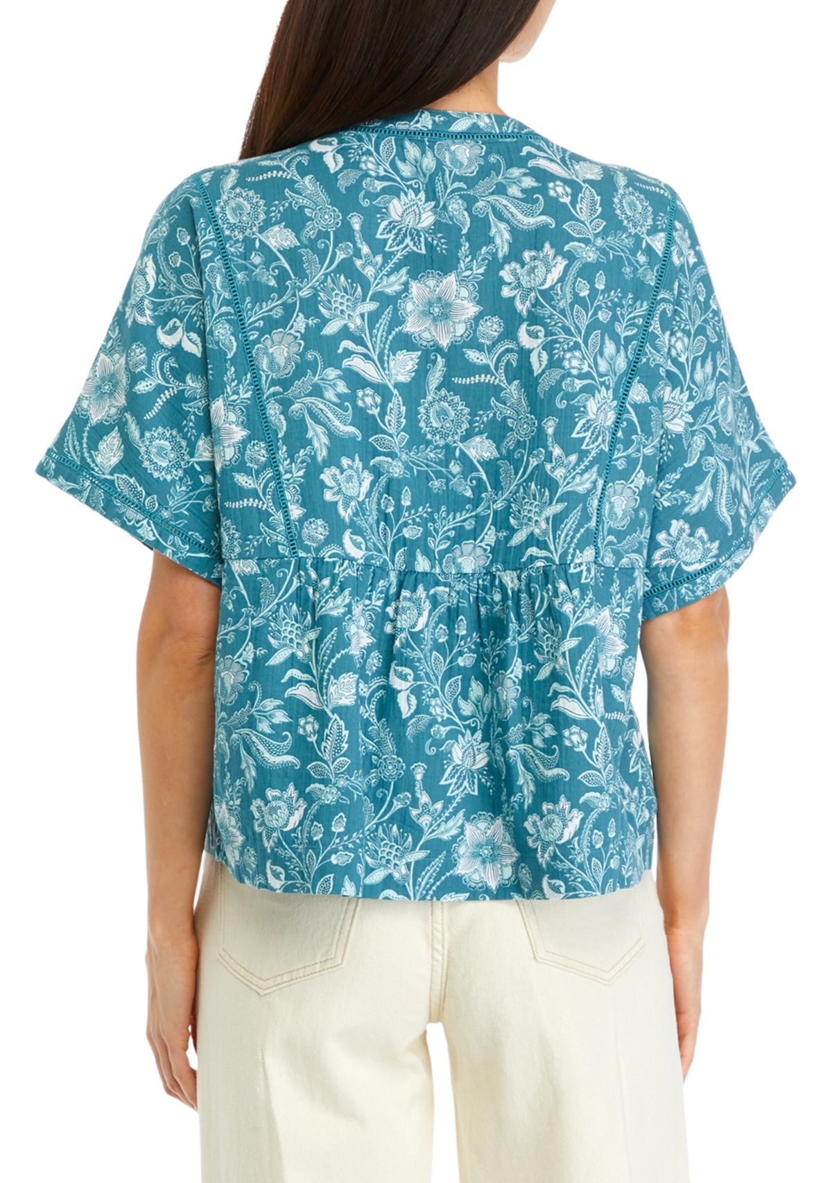 Petite Printed Relaxed Gauze Peasant Top