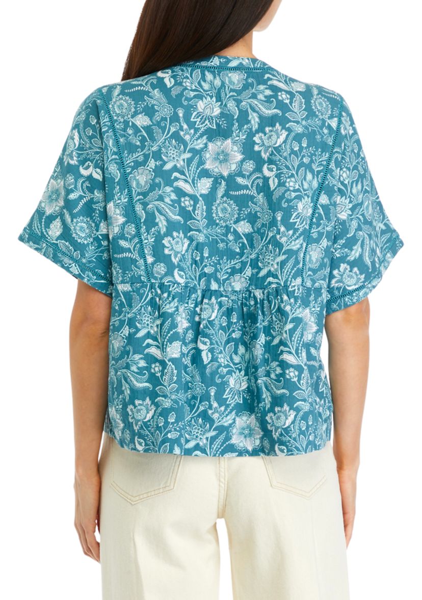 Petite Printed Relaxed Gauze Peasant Top