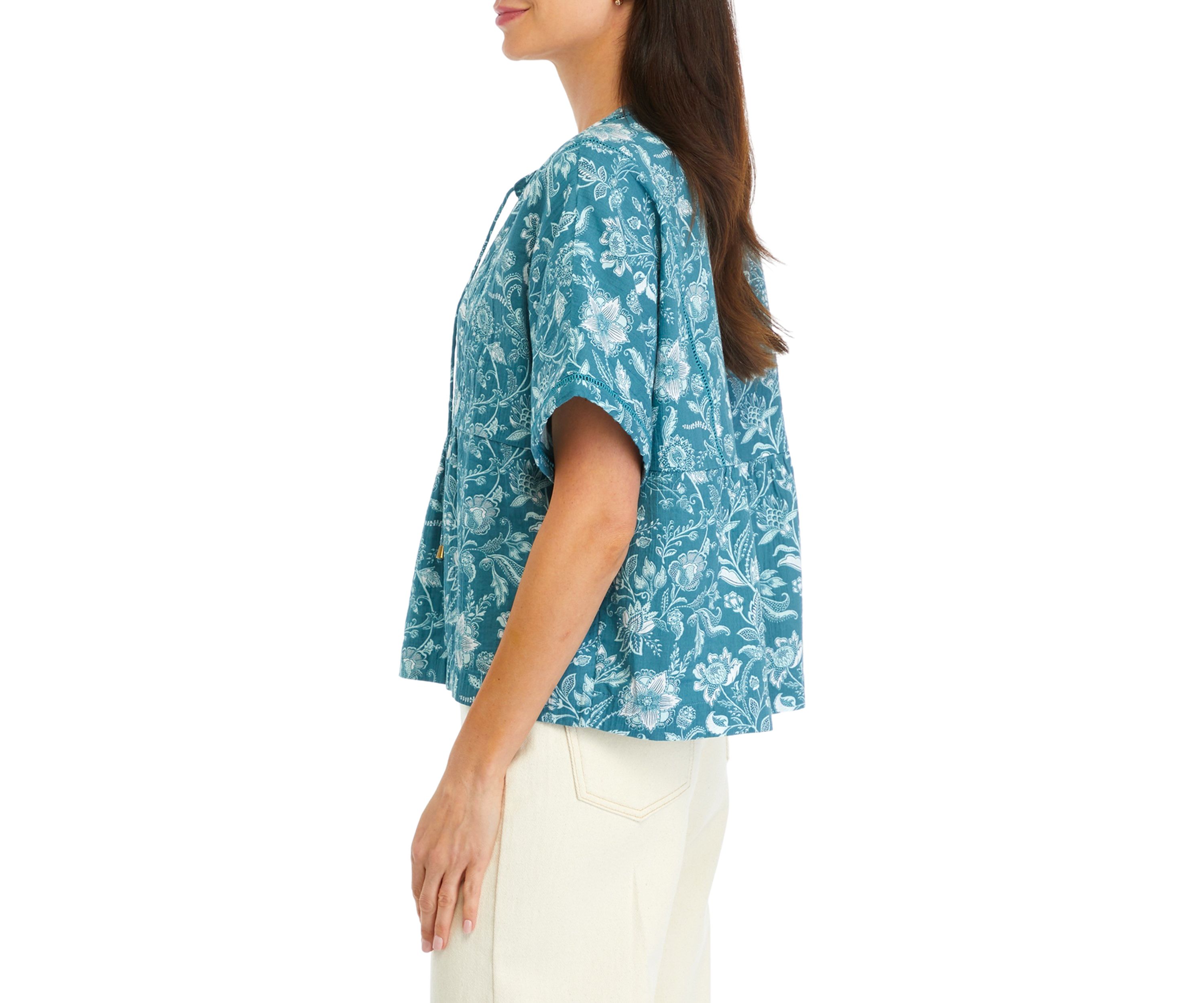 Petite Printed Relaxed Gauze Peasant Top