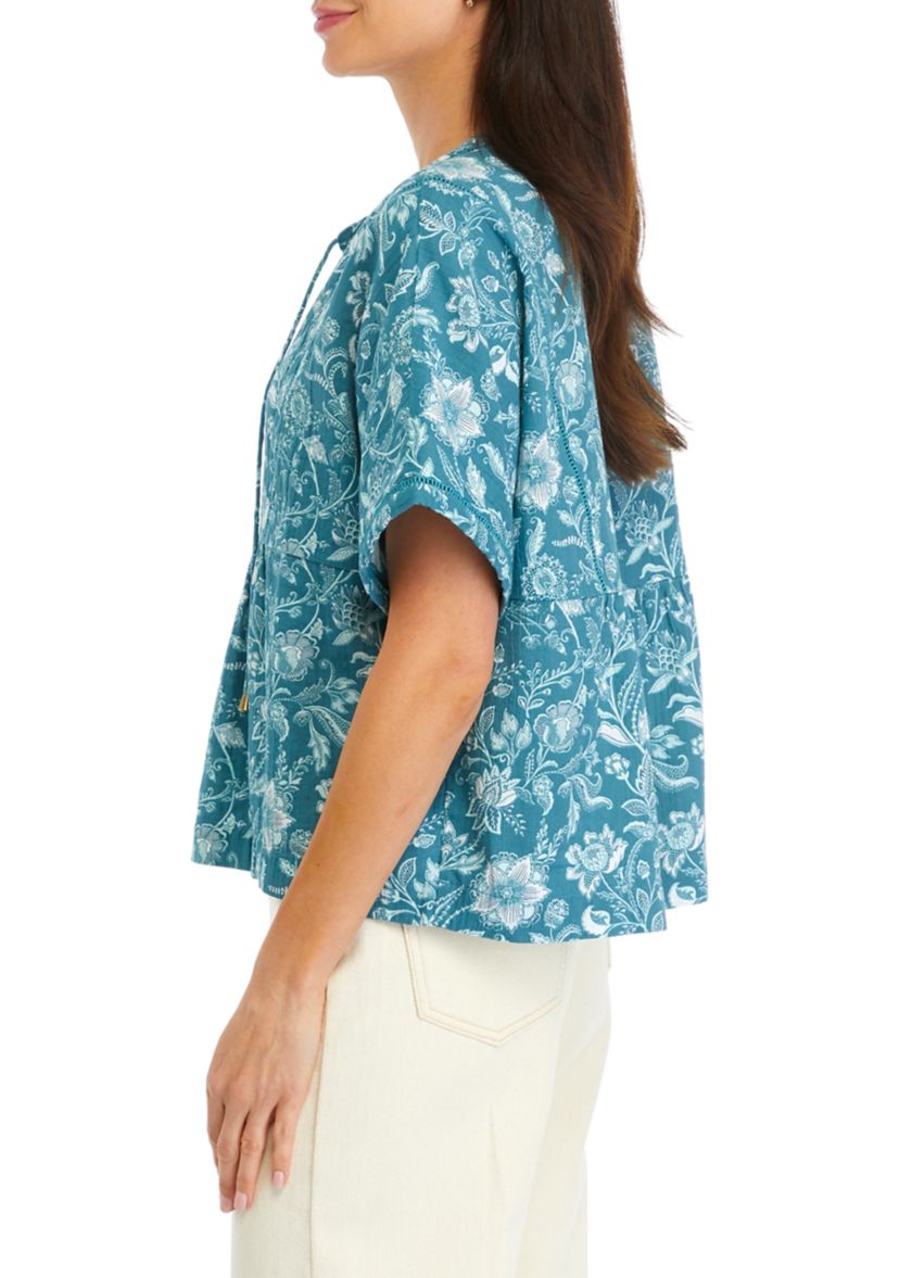 Petite Printed Relaxed Gauze Peasant Top