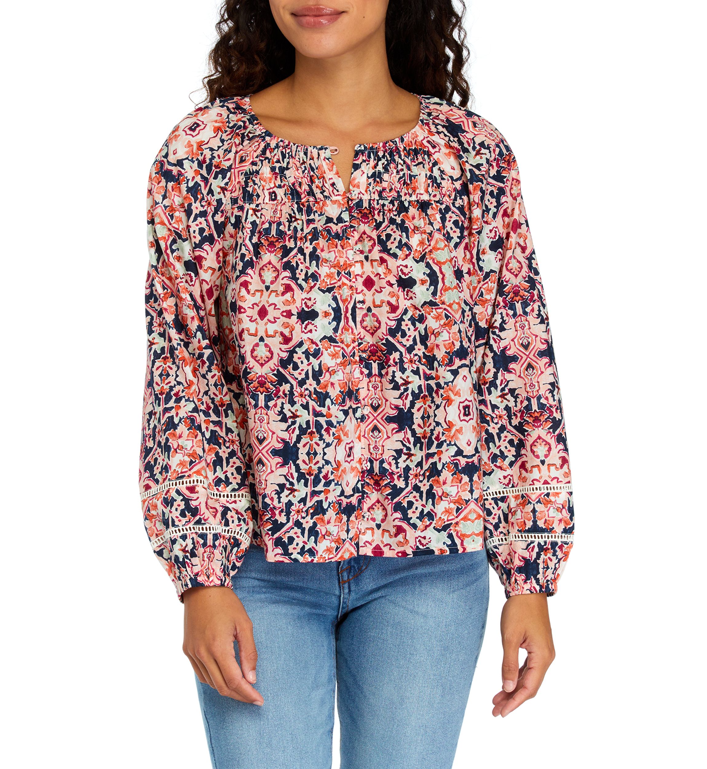 Petite Pintuck Printed Button Down Blouse