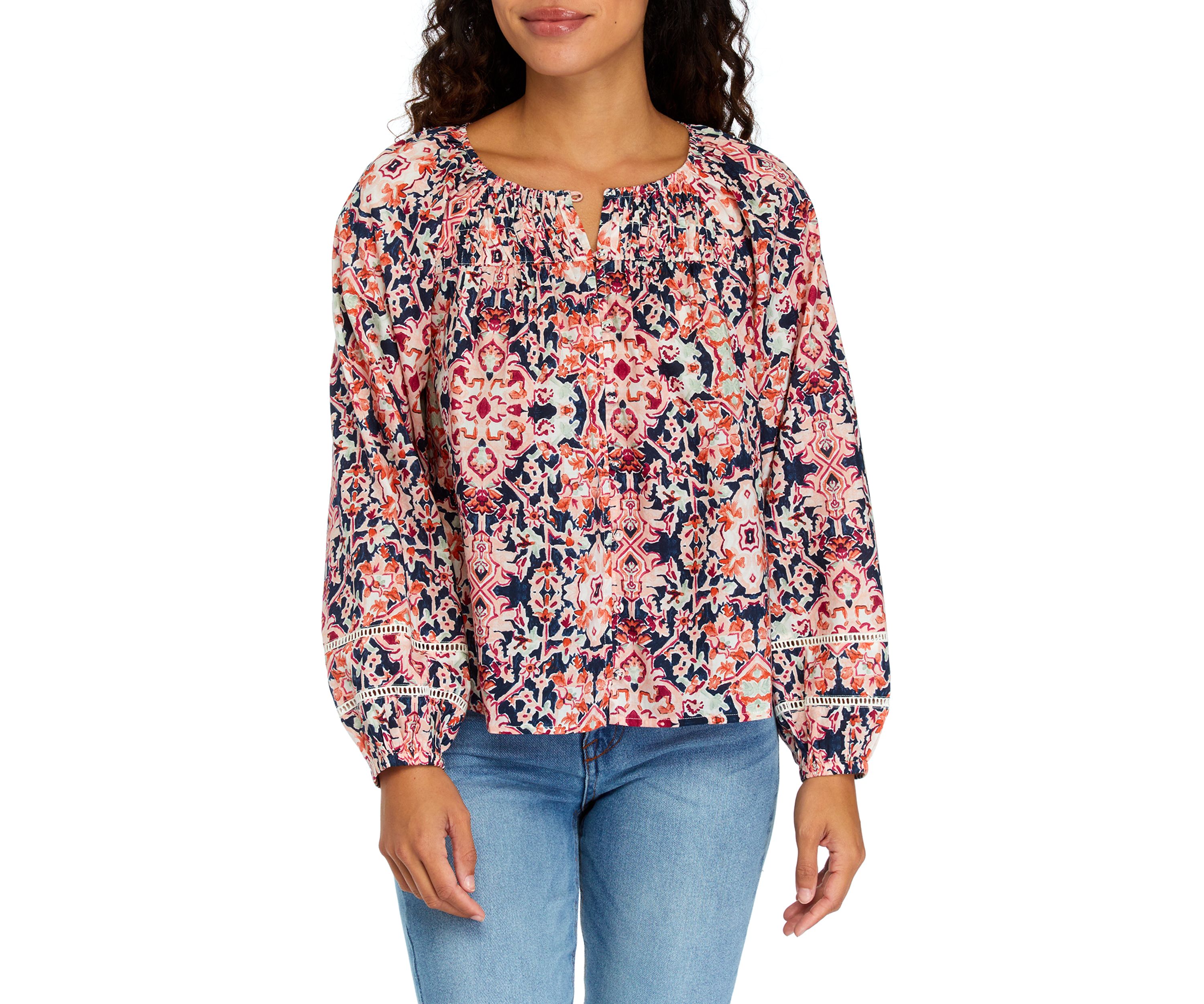 Petite Pintuck Printed Button Down Blouse