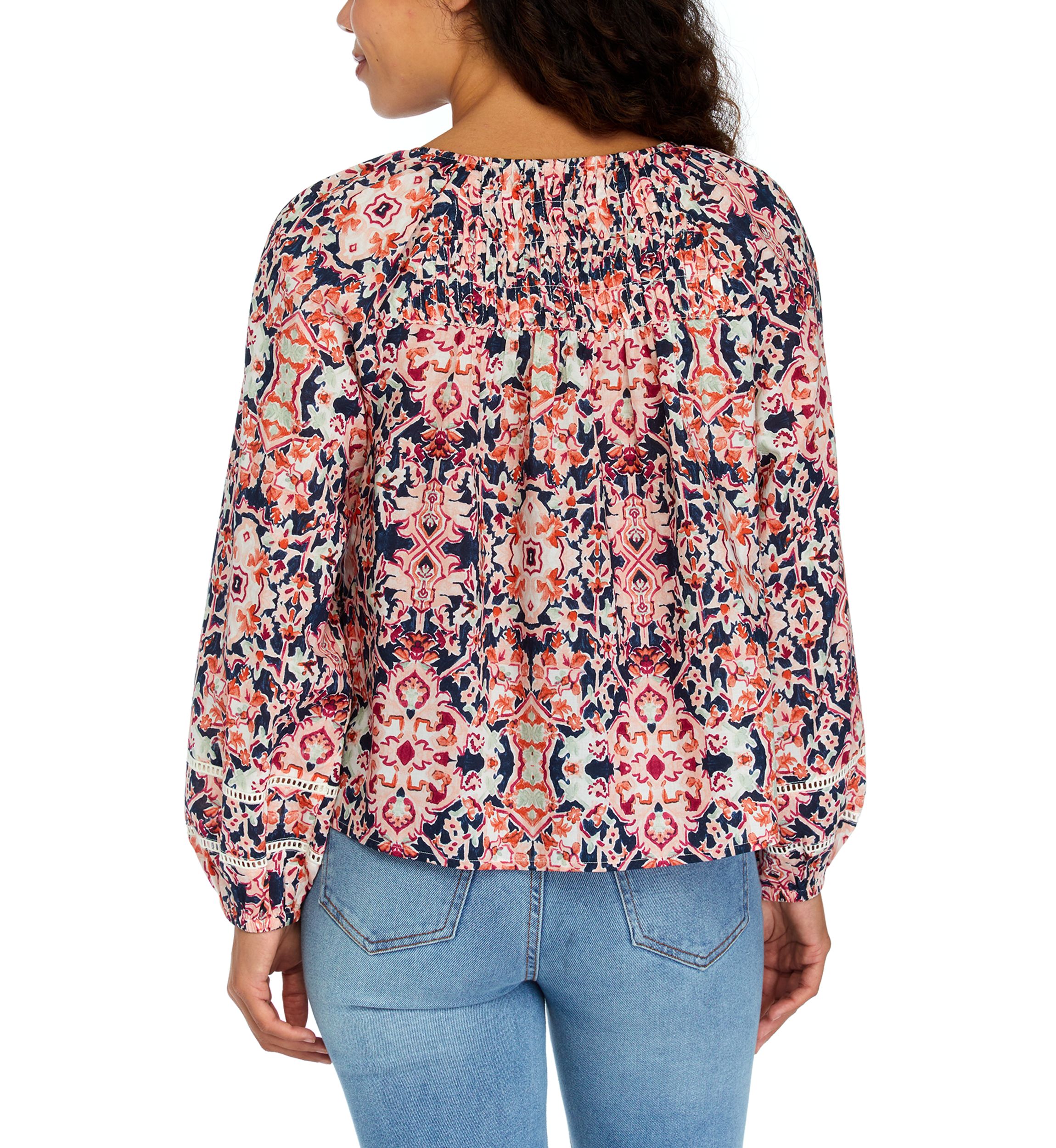 Petite Pintuck Printed Button Down Blouse