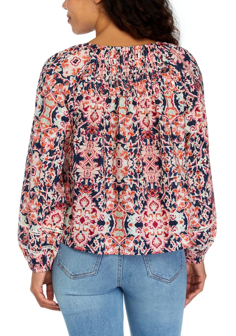 Petite Pintuck Printed Button Down Blouse