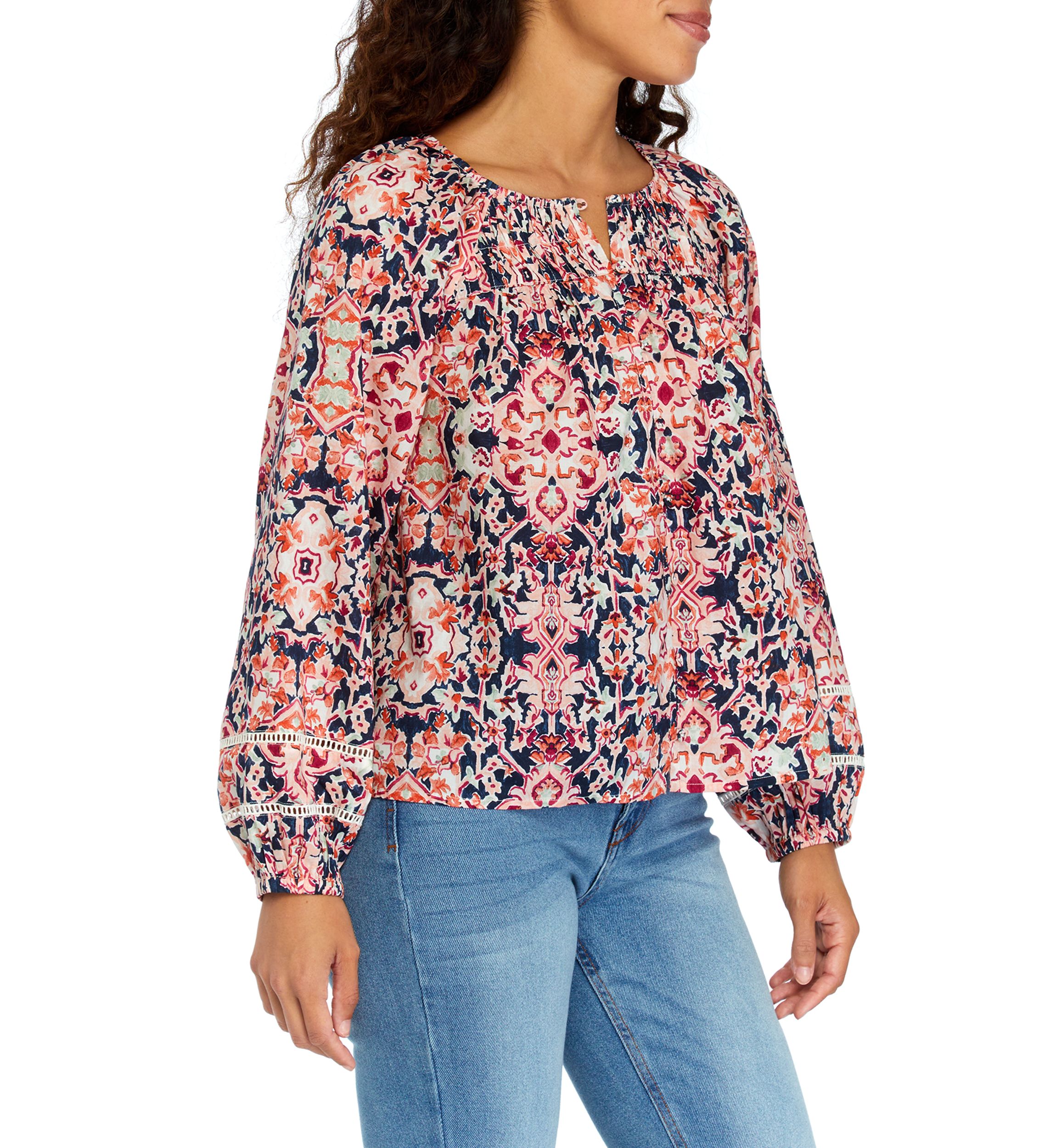 Petite Pintuck Printed Button Down Blouse