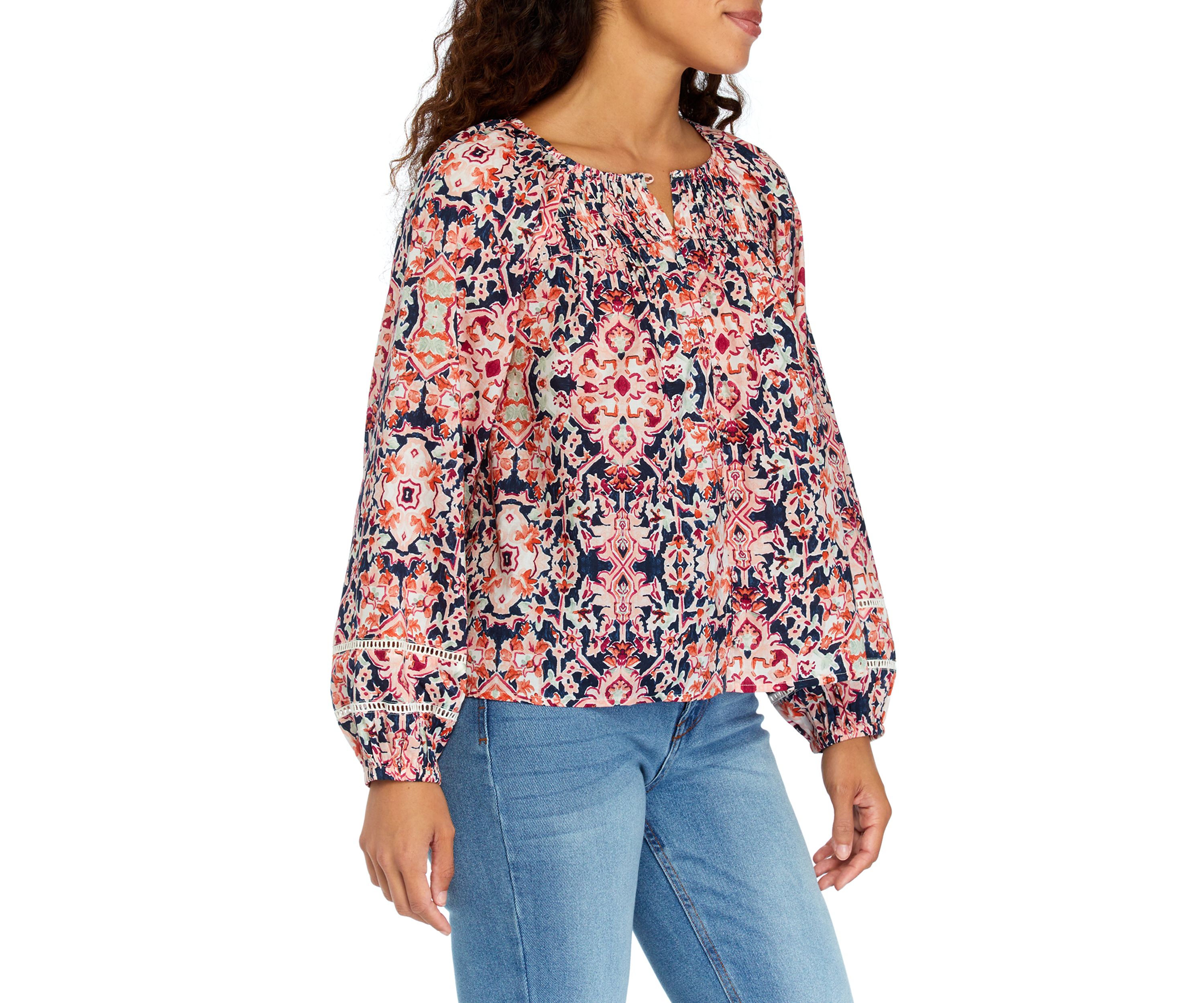 Petite Pintuck Printed Button Down Blouse