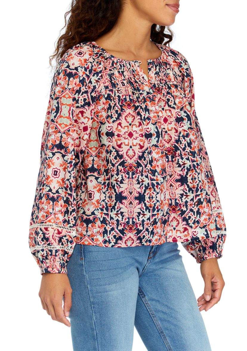 Petite Pintuck Printed Button Down Blouse