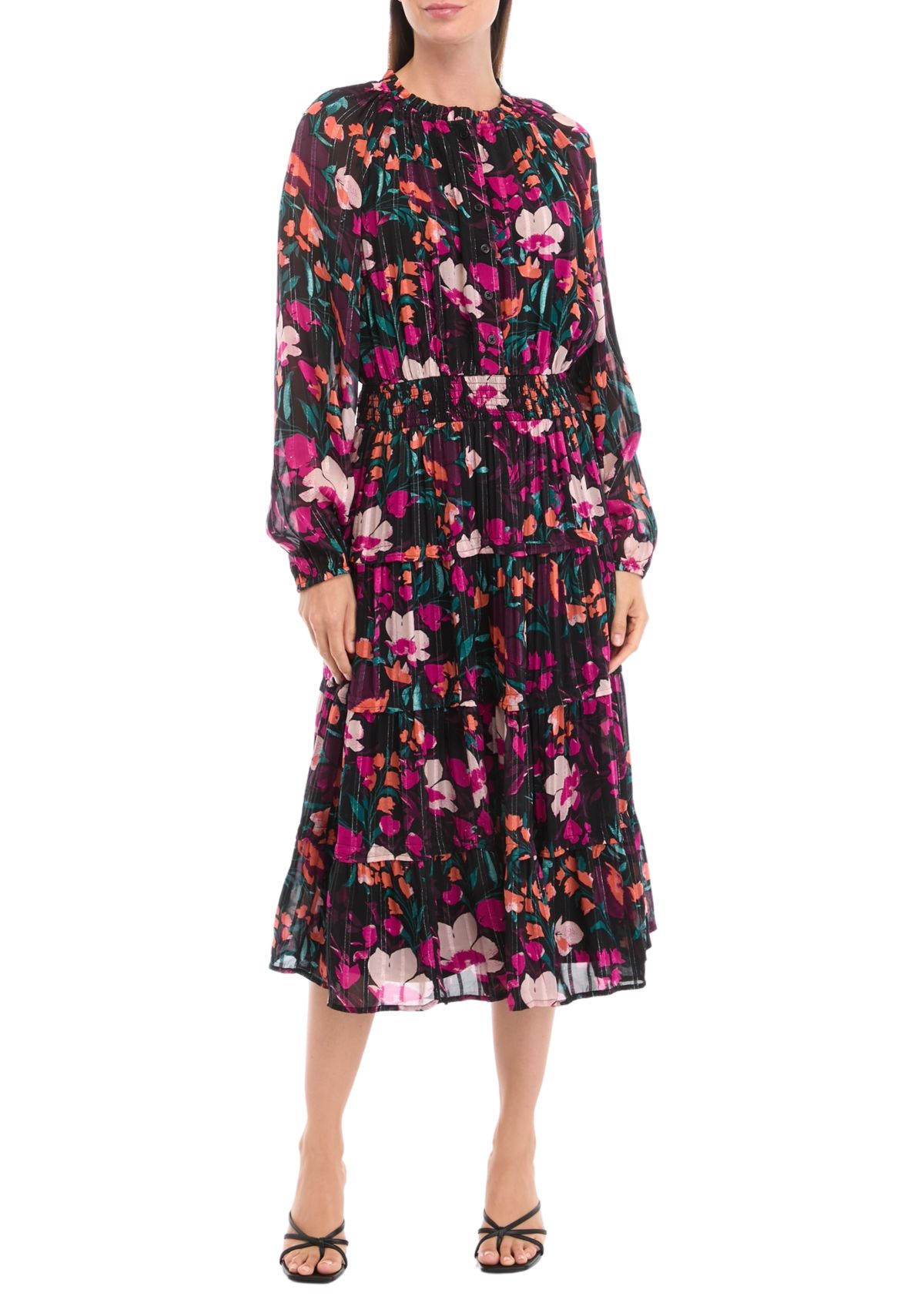 Petite Smocked Waist Printed Midi Dress