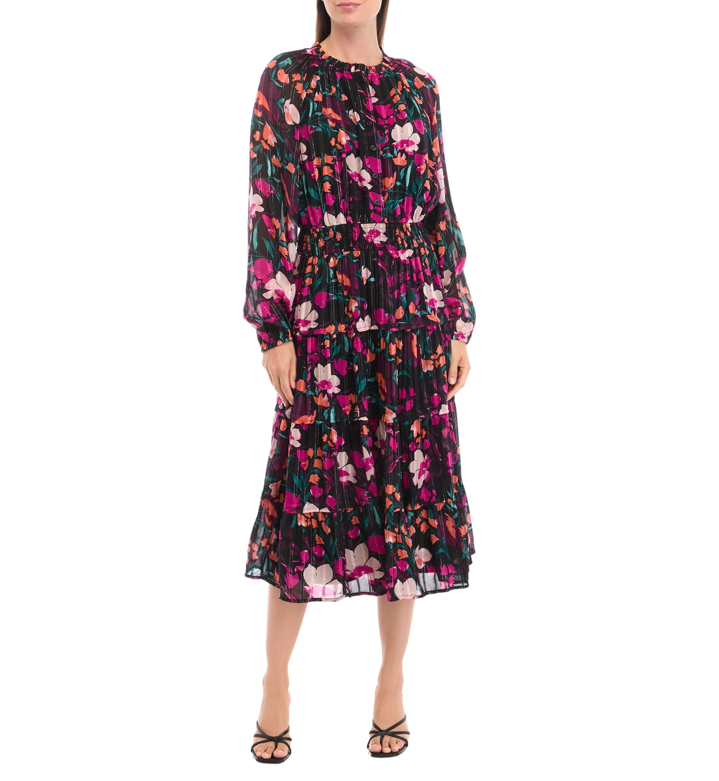Petite Smocked Waist Printed Midi Dress