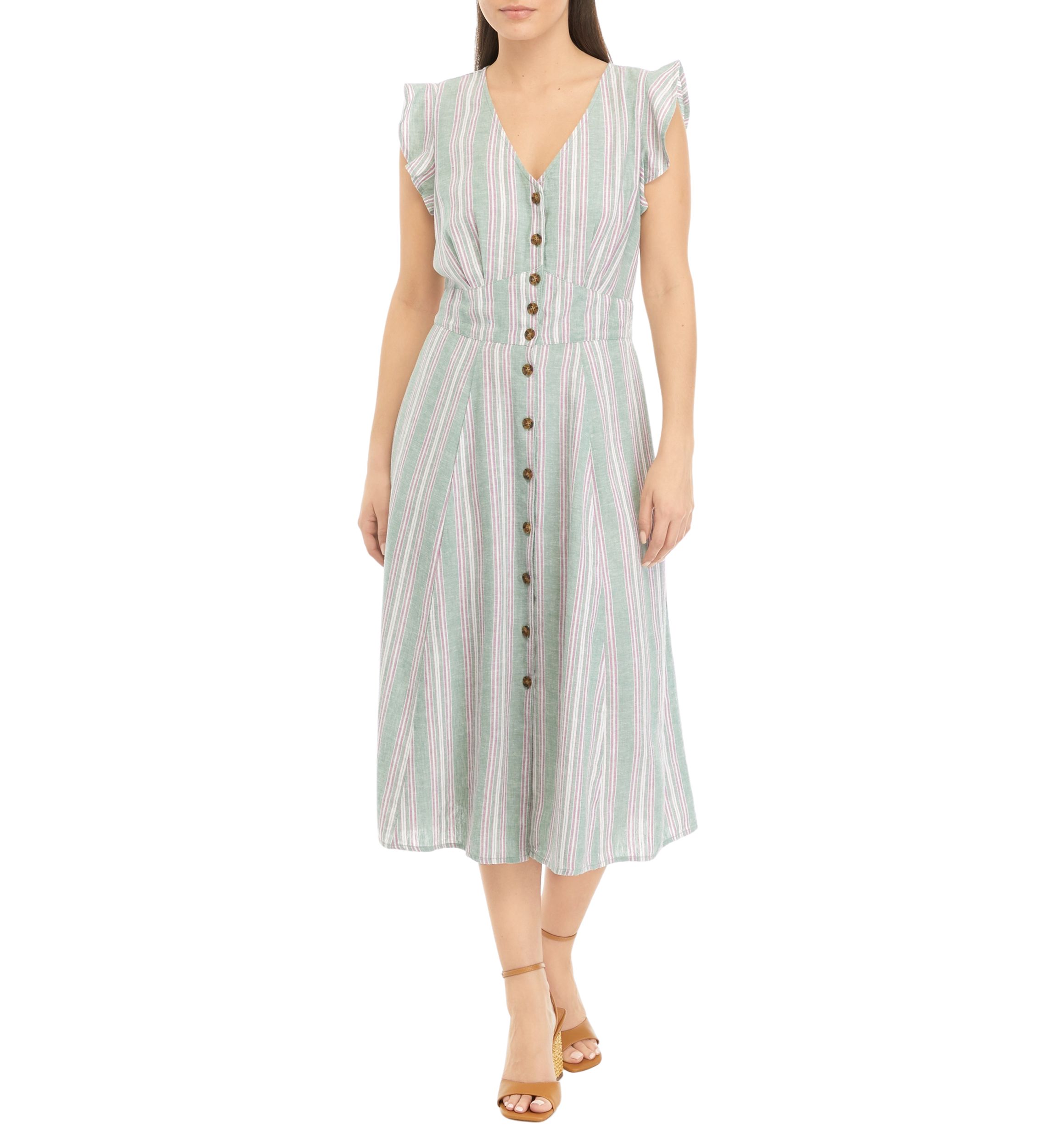 Petite Ruffle Sleeve Striped Midi Dress