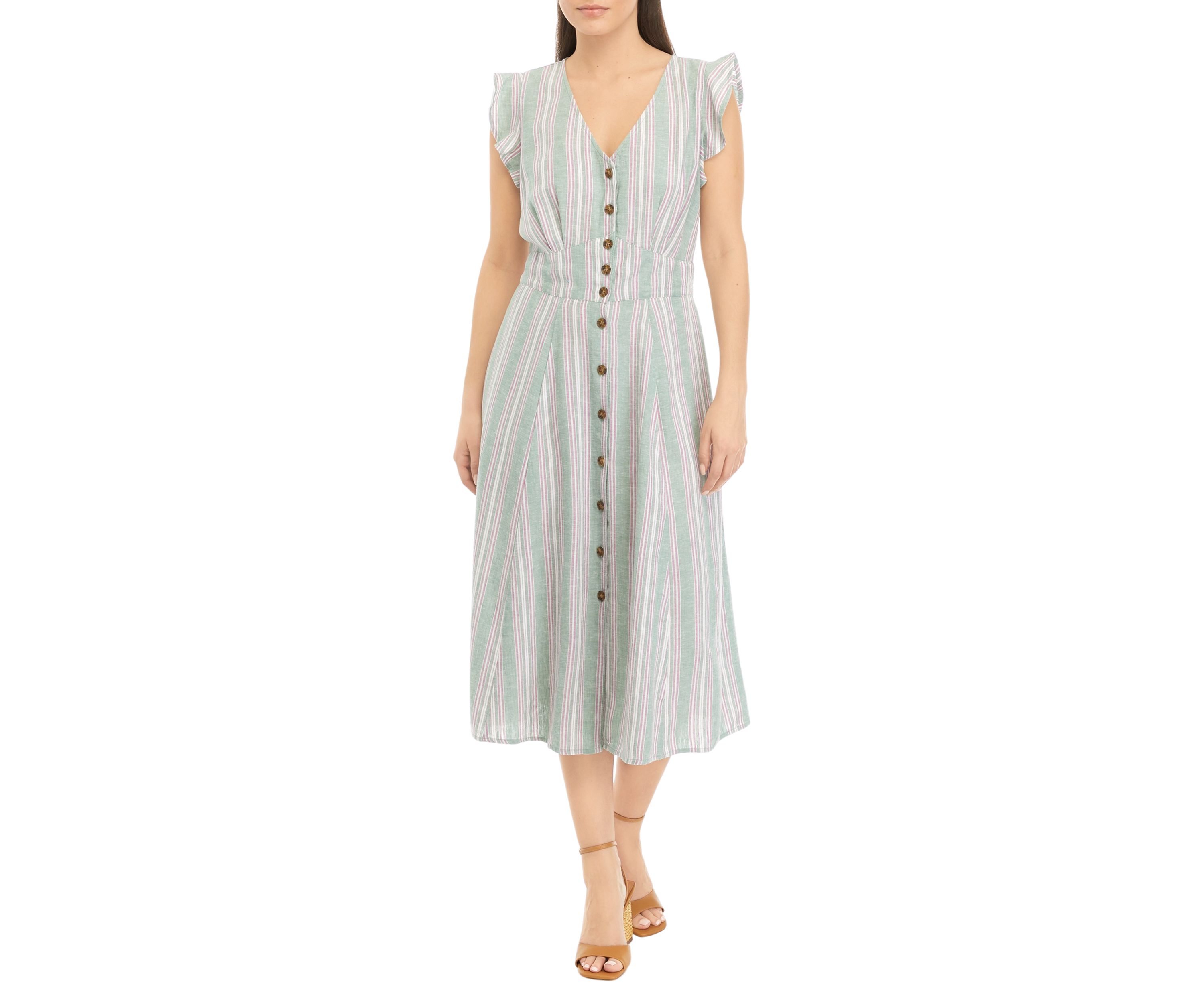 Petite Ruffle Sleeve Striped Midi Dress