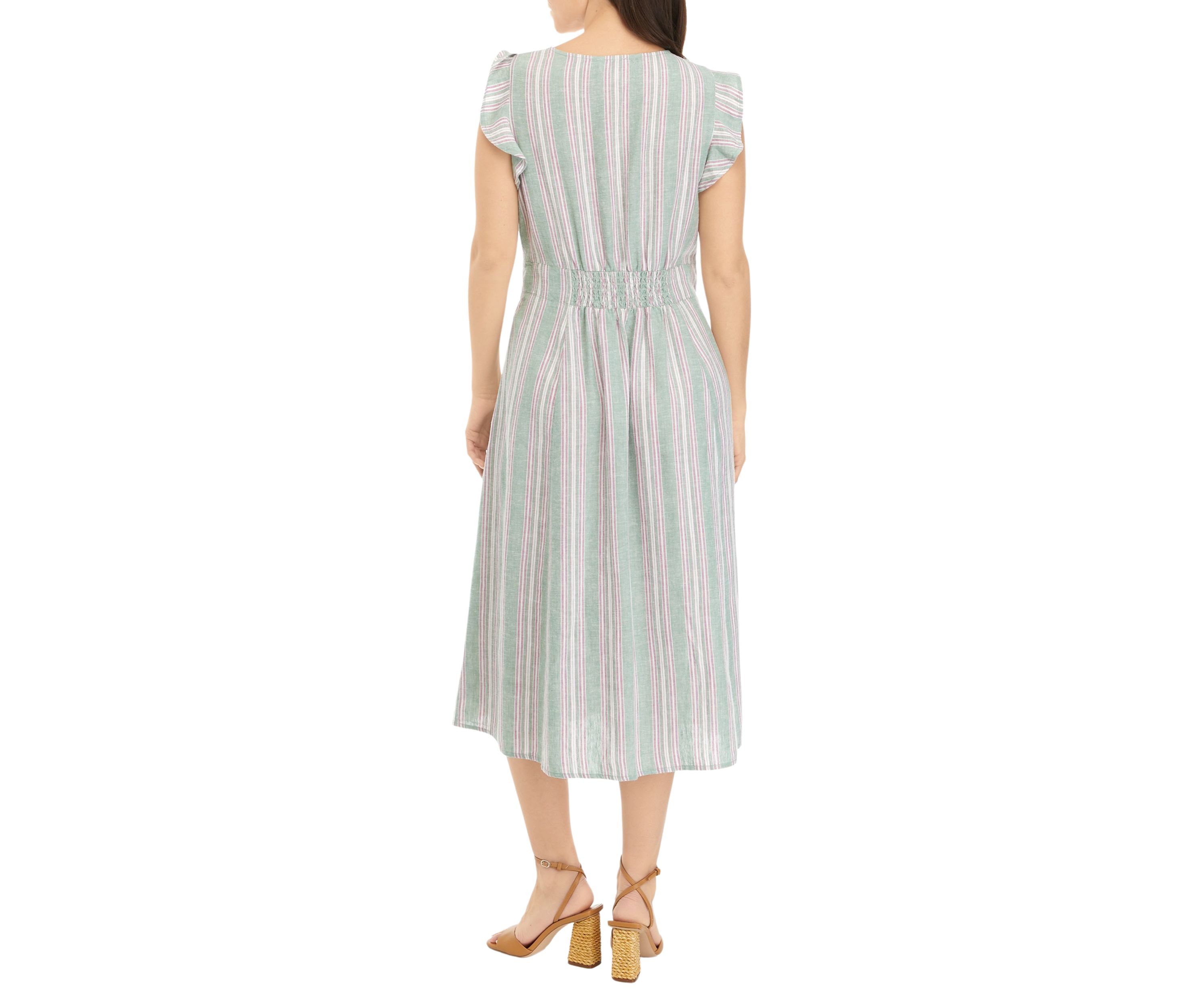 Petite Ruffle Sleeve Striped Midi Dress