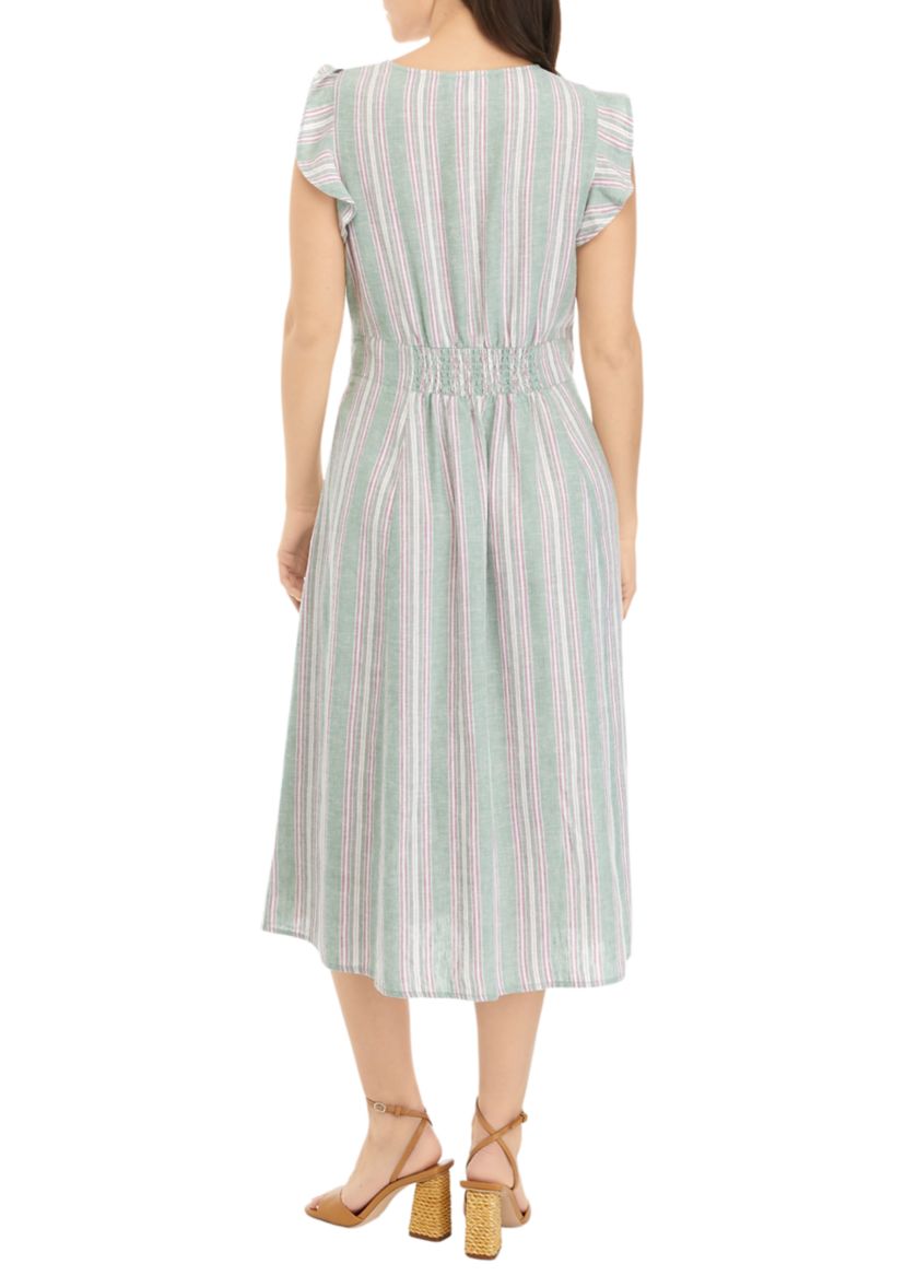 Petite Ruffle Sleeve Striped Midi Dress