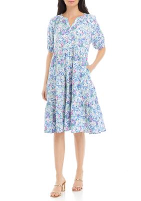 Wonderly Petite Split Neck Floral Printed Midi Dress | belk