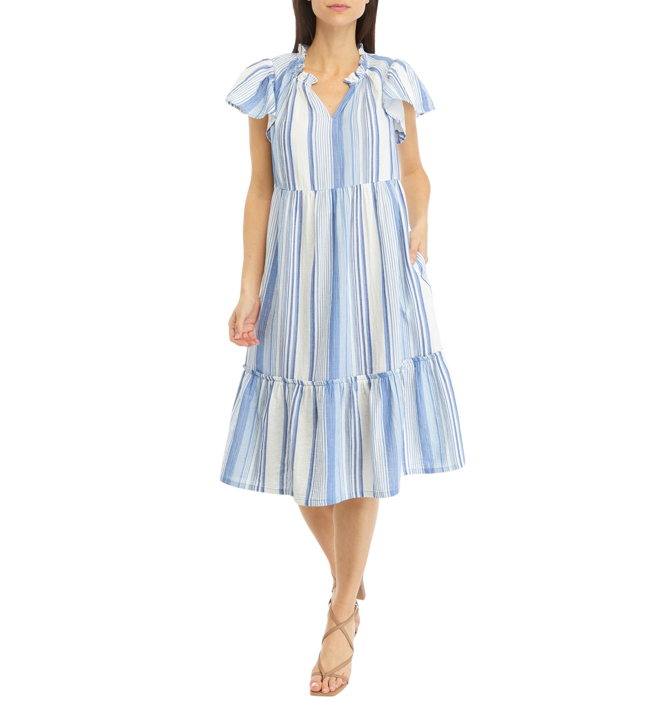 Petite Flutter Sleeve Yarn Dyed Midi Dress