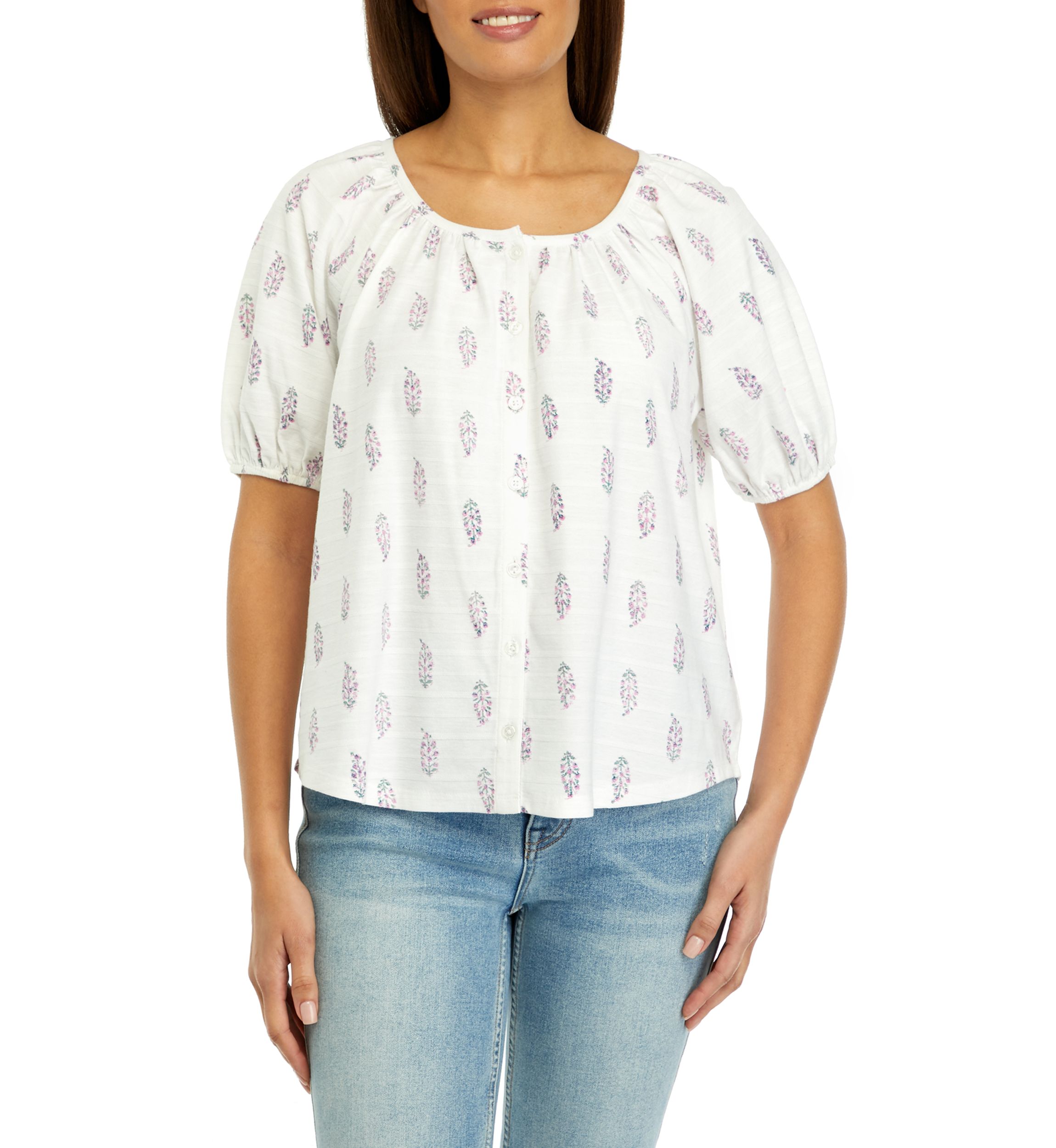 Petite Short Puff Sleeve Button Down Shirt