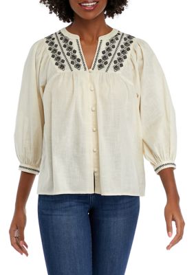 Wonderly Petite Embroidered Button Down Blouse | belk