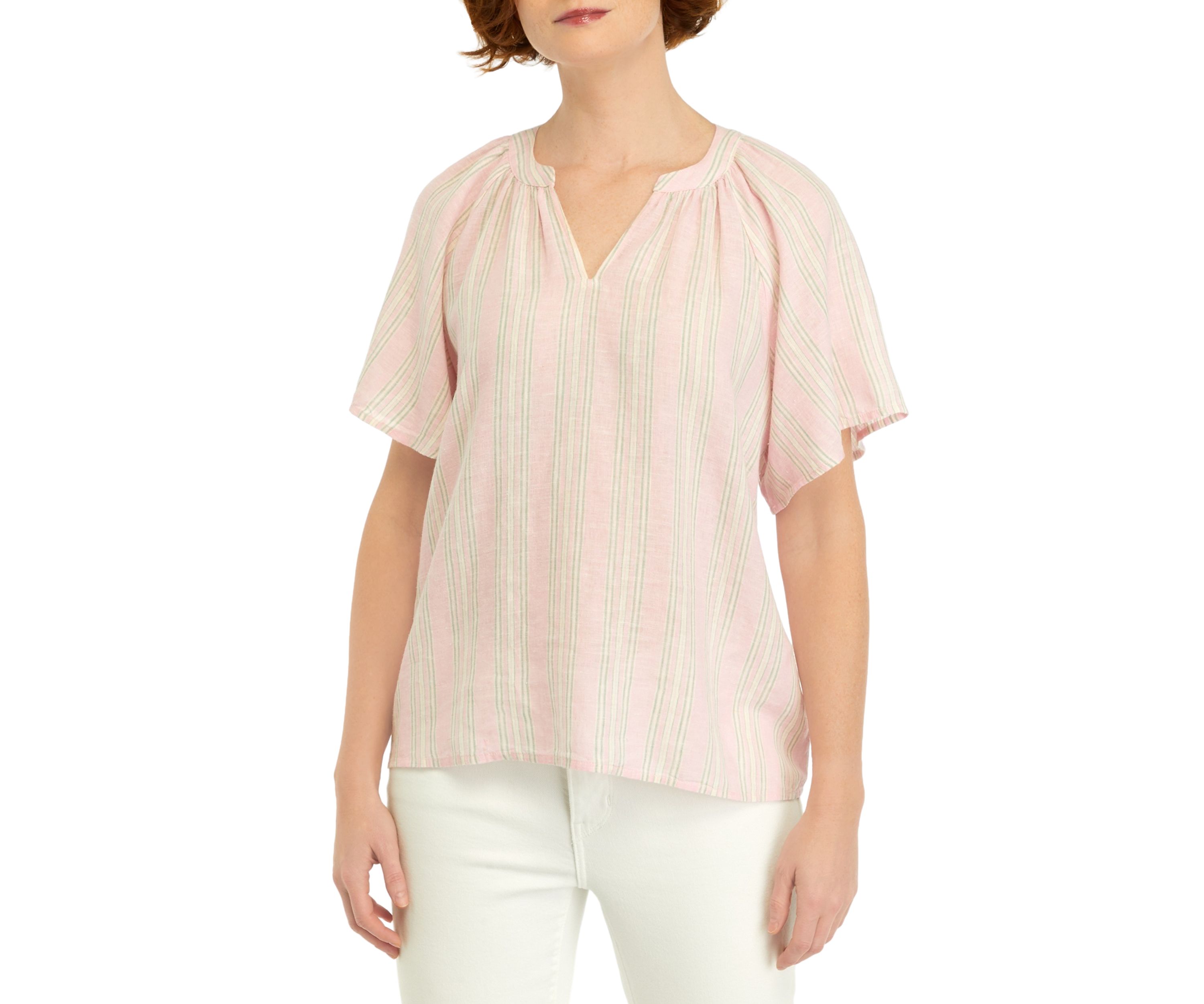Petite Shirred Split Neck Top