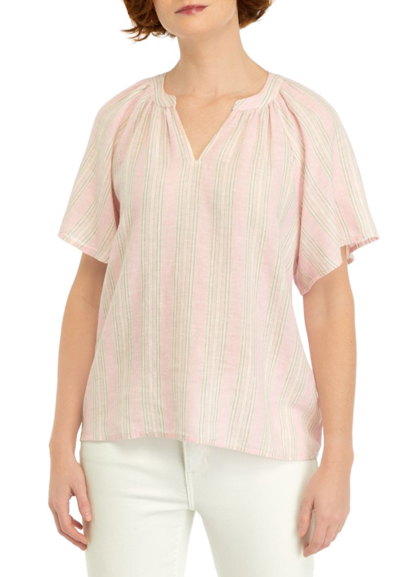 Petite Shirred Split Neck Top