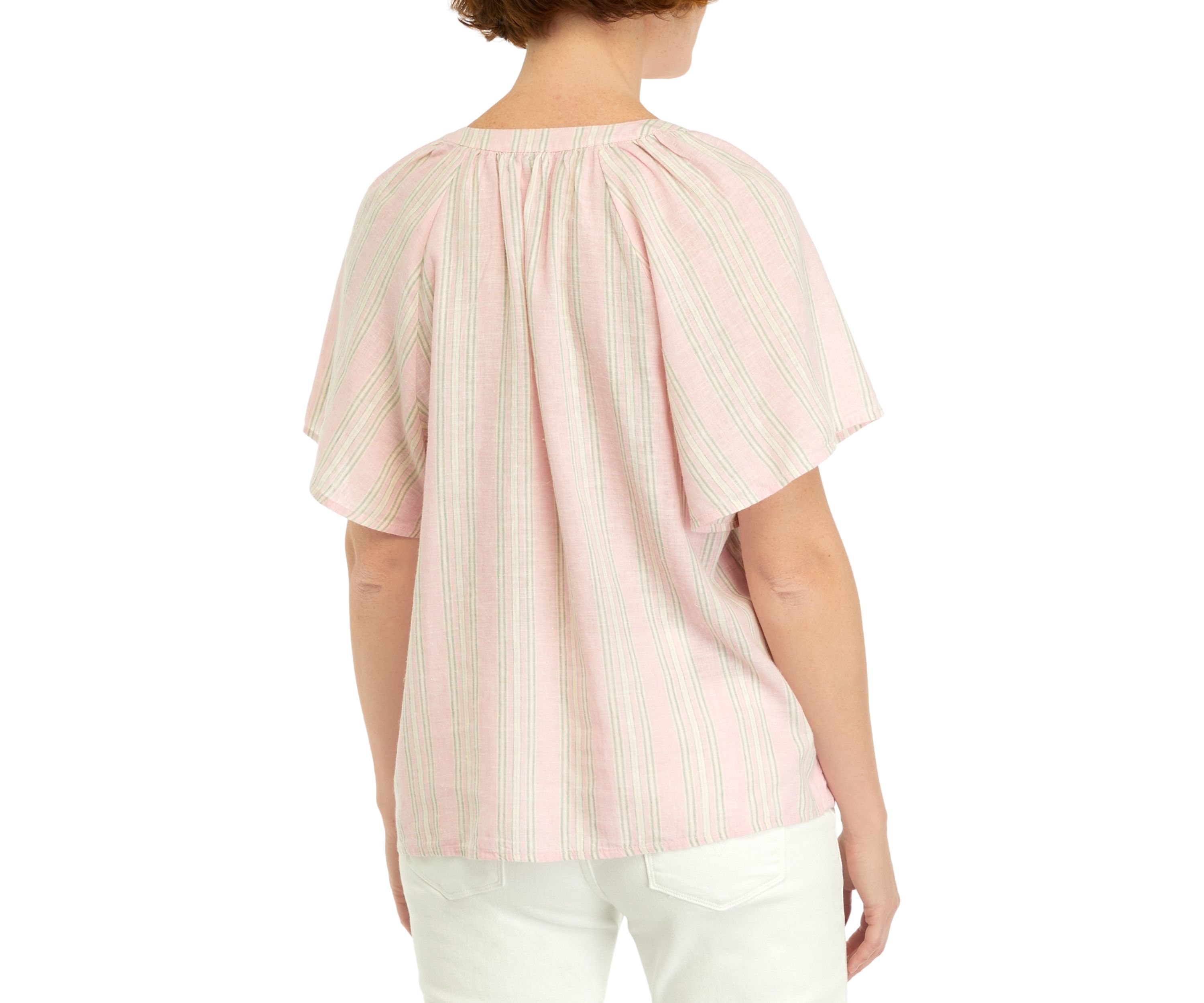 Petite Shirred Split Neck Top