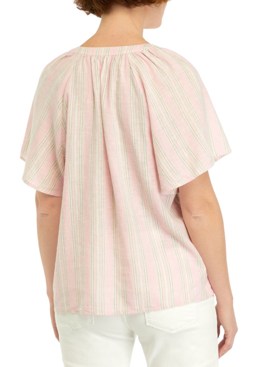 Petite Shirred Split Neck Top