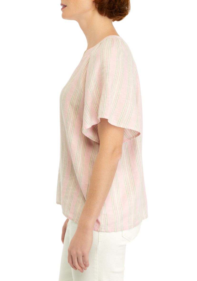 Petite Shirred Split Neck Top