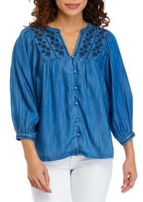 Wonderly Petite Embroidered Yoke Button Down Top | belk