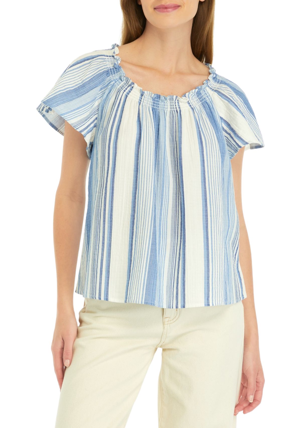 Petite Shirred Neck Striped Top 