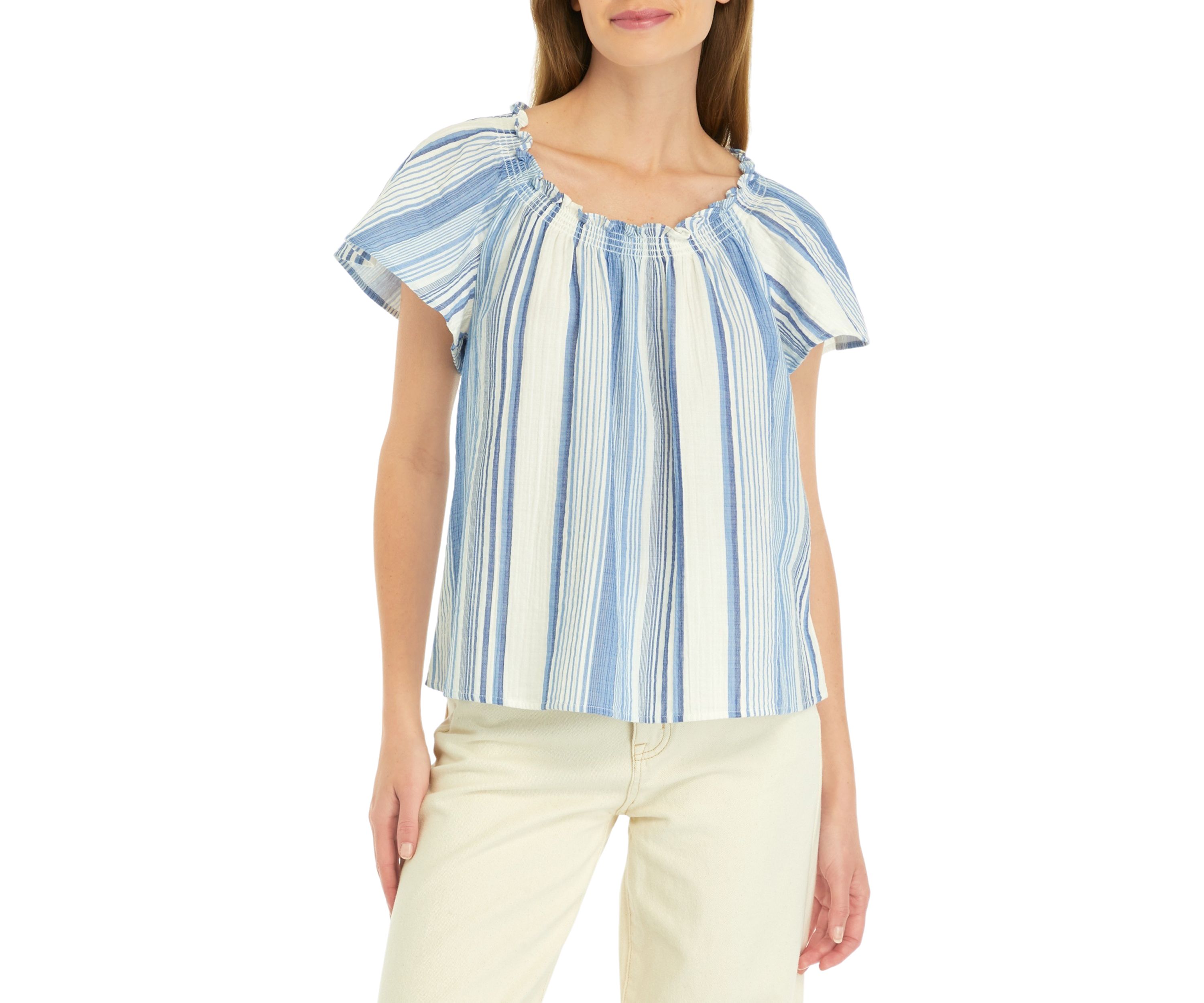 Petite Shirred Neck Striped Top 