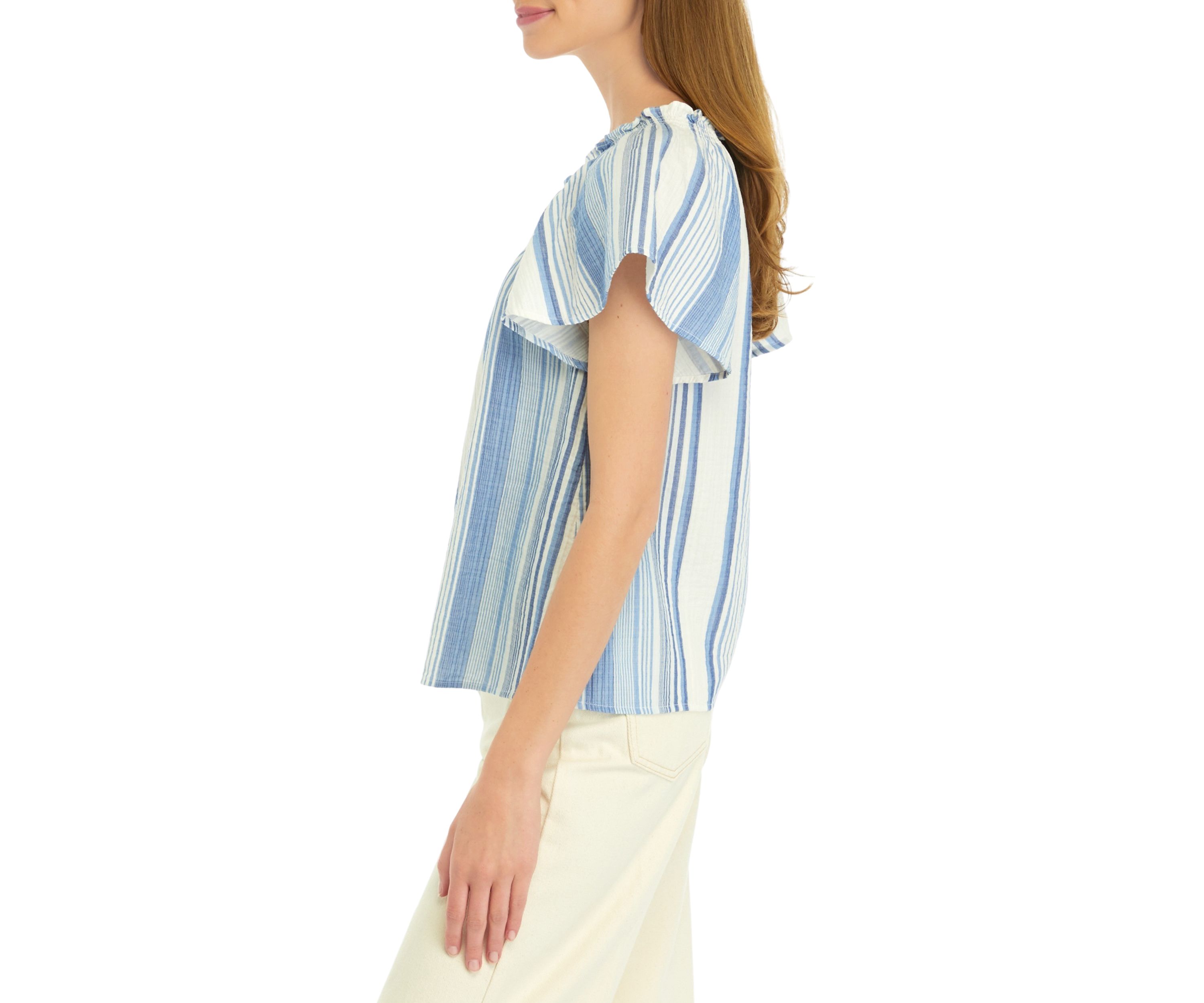 Petite Shirred Neck Striped Top 