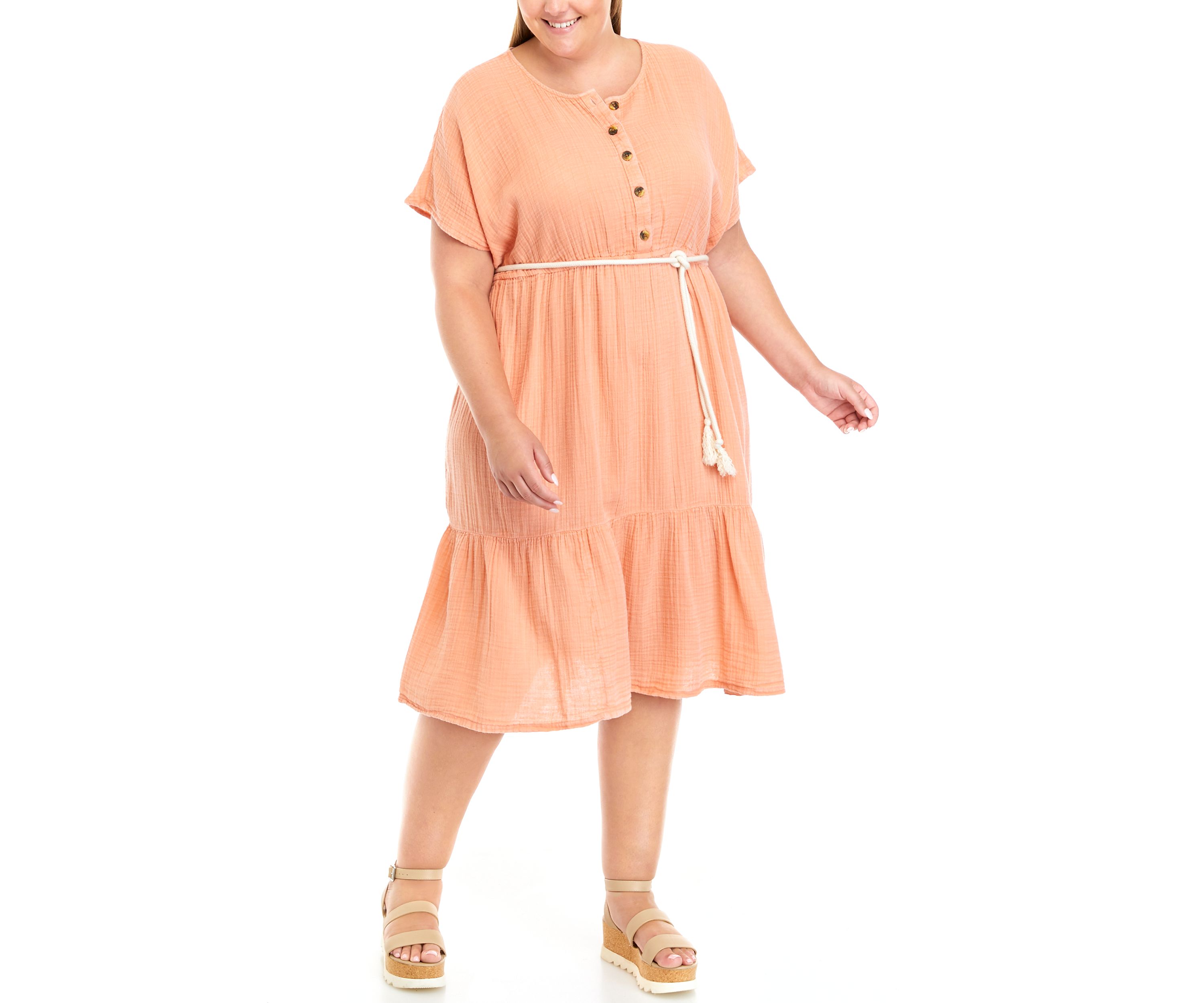 Plus Size Short Sleeve Gauze Midi Dress					