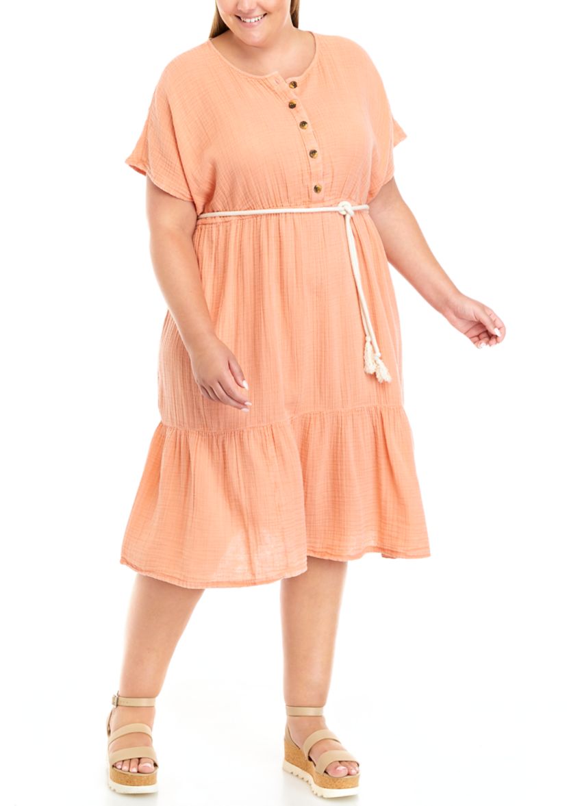 Plus Size Short Sleeve Gauze Midi Dress					