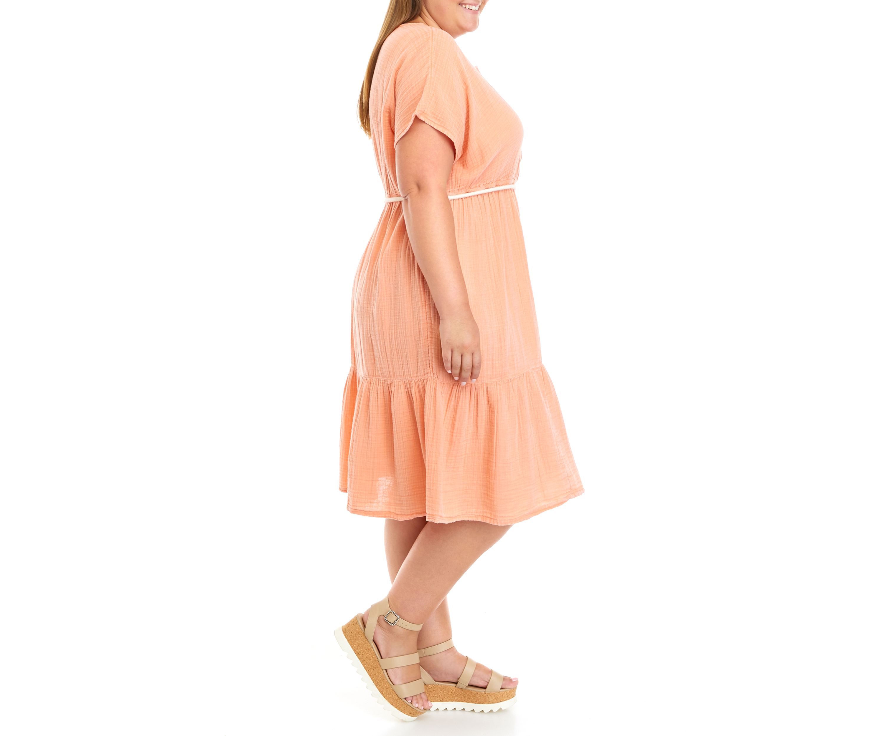 Plus Size Short Sleeve Gauze Midi Dress					