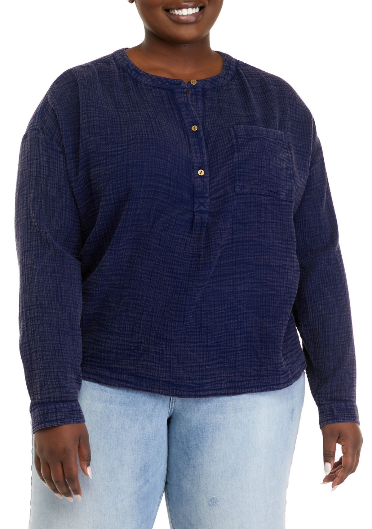 Plus Size Long Sleeve Popover Henley Top