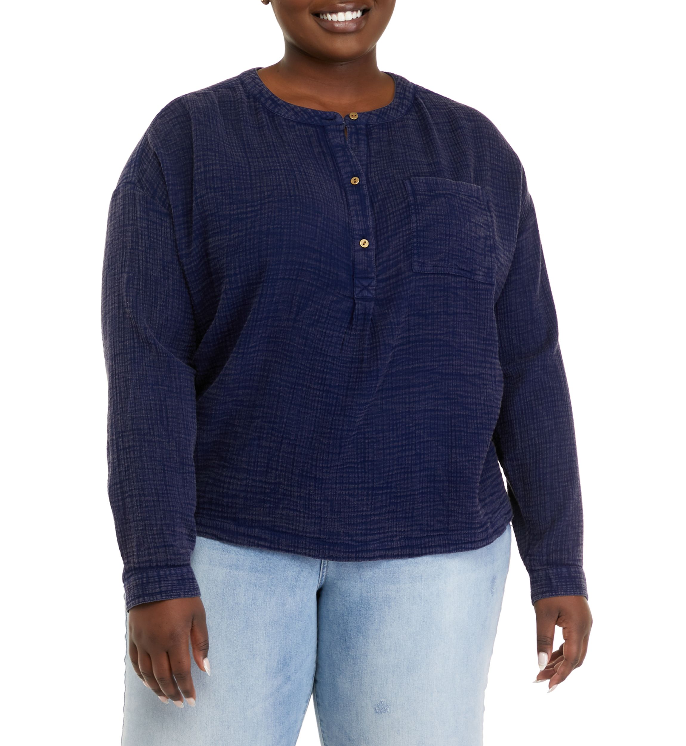 Plus Size Long Sleeve Popover Henley Top