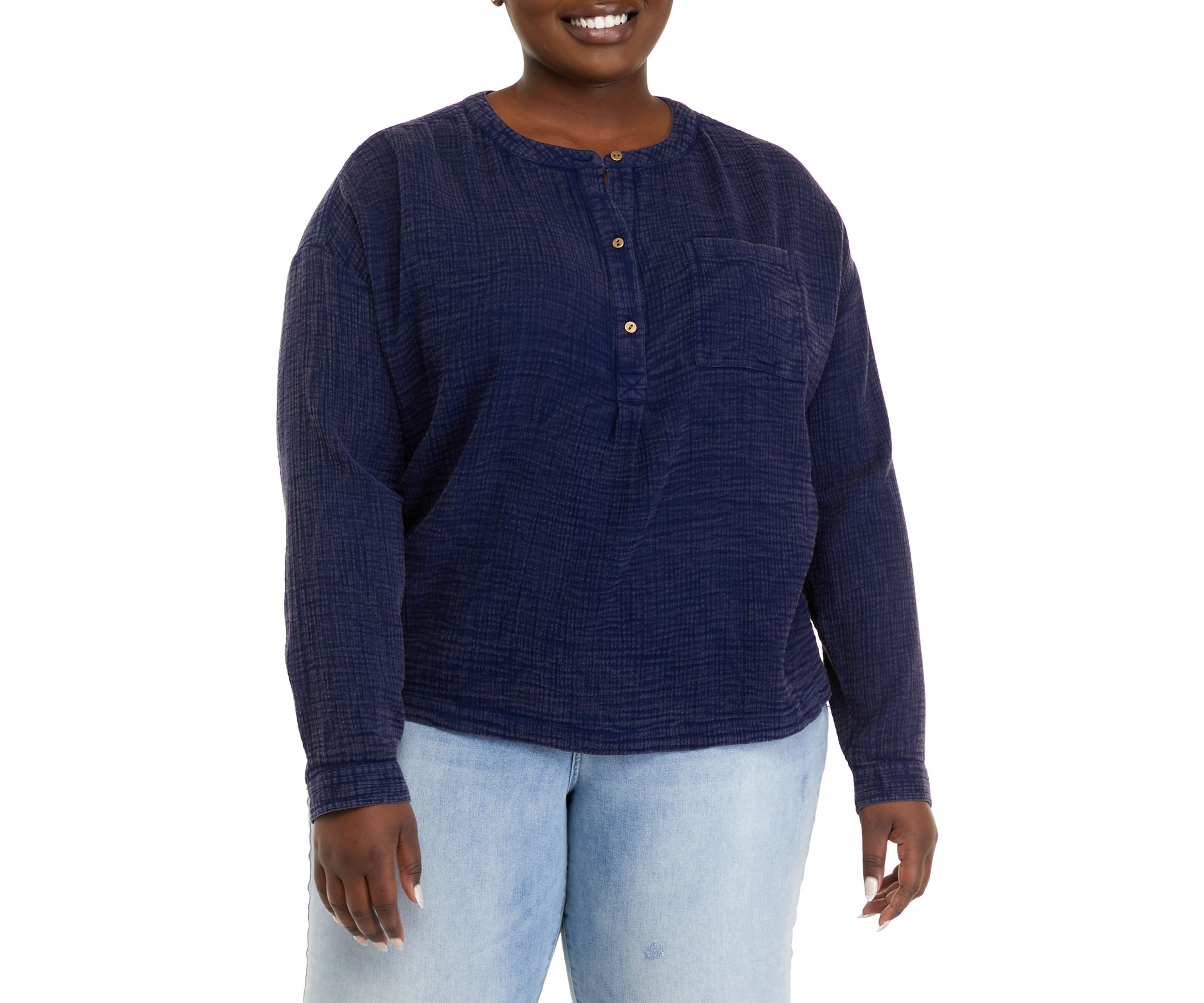 Plus Size Long Sleeve Popover Henley Top
