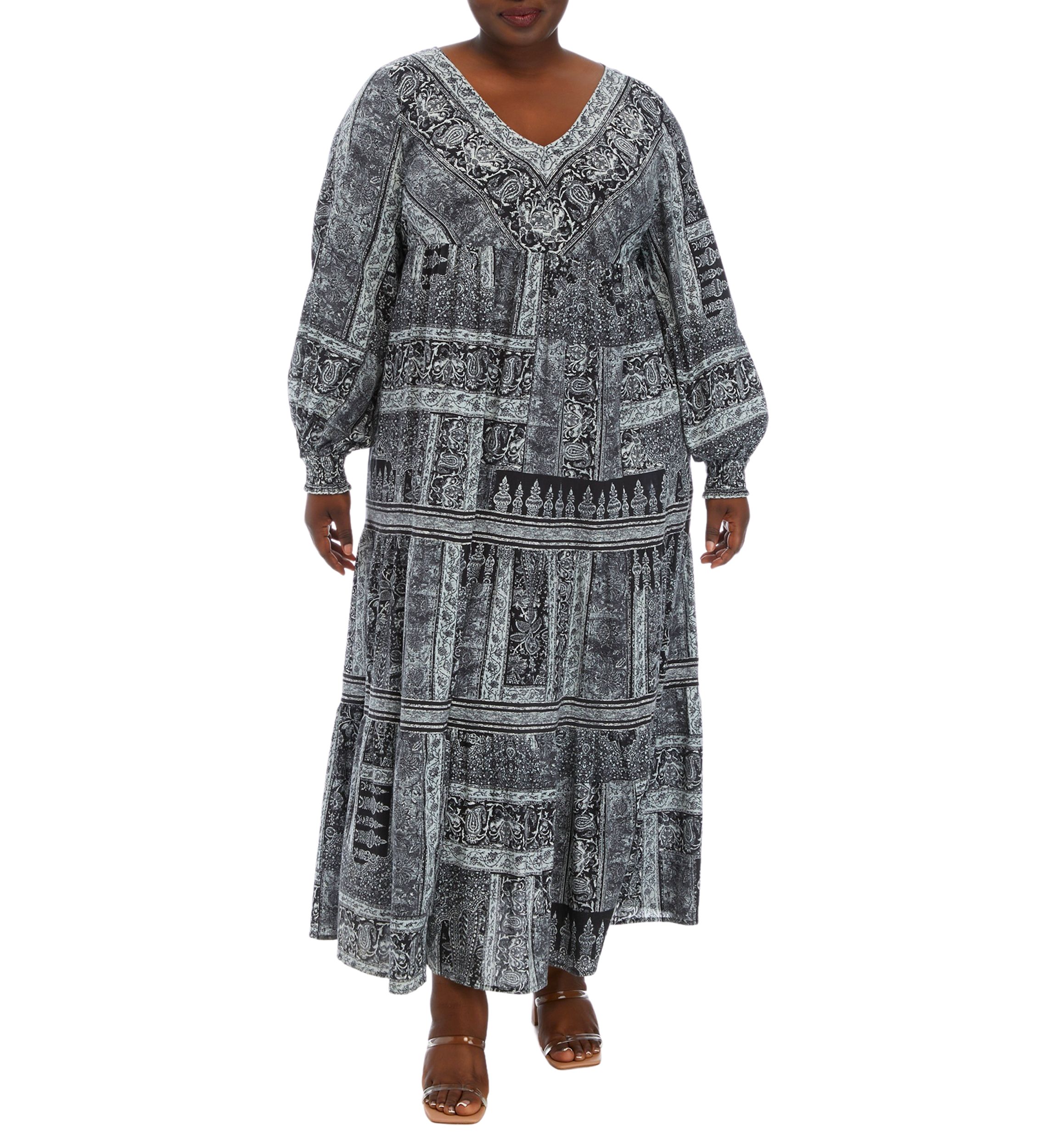 Plus Size Blouson Sleeve Tiered Maxi Dress