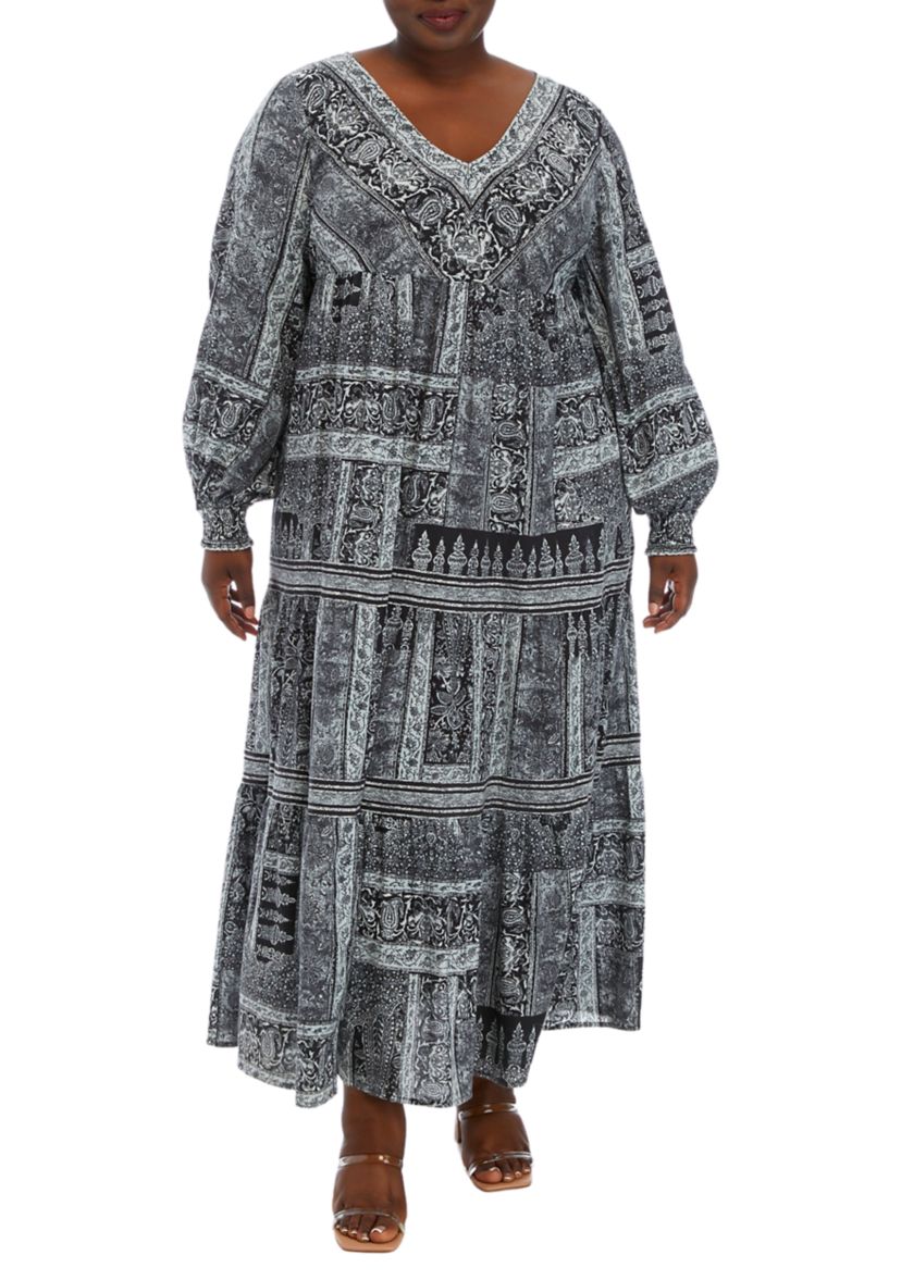 Plus Size Blouson Sleeve Tiered Maxi Dress