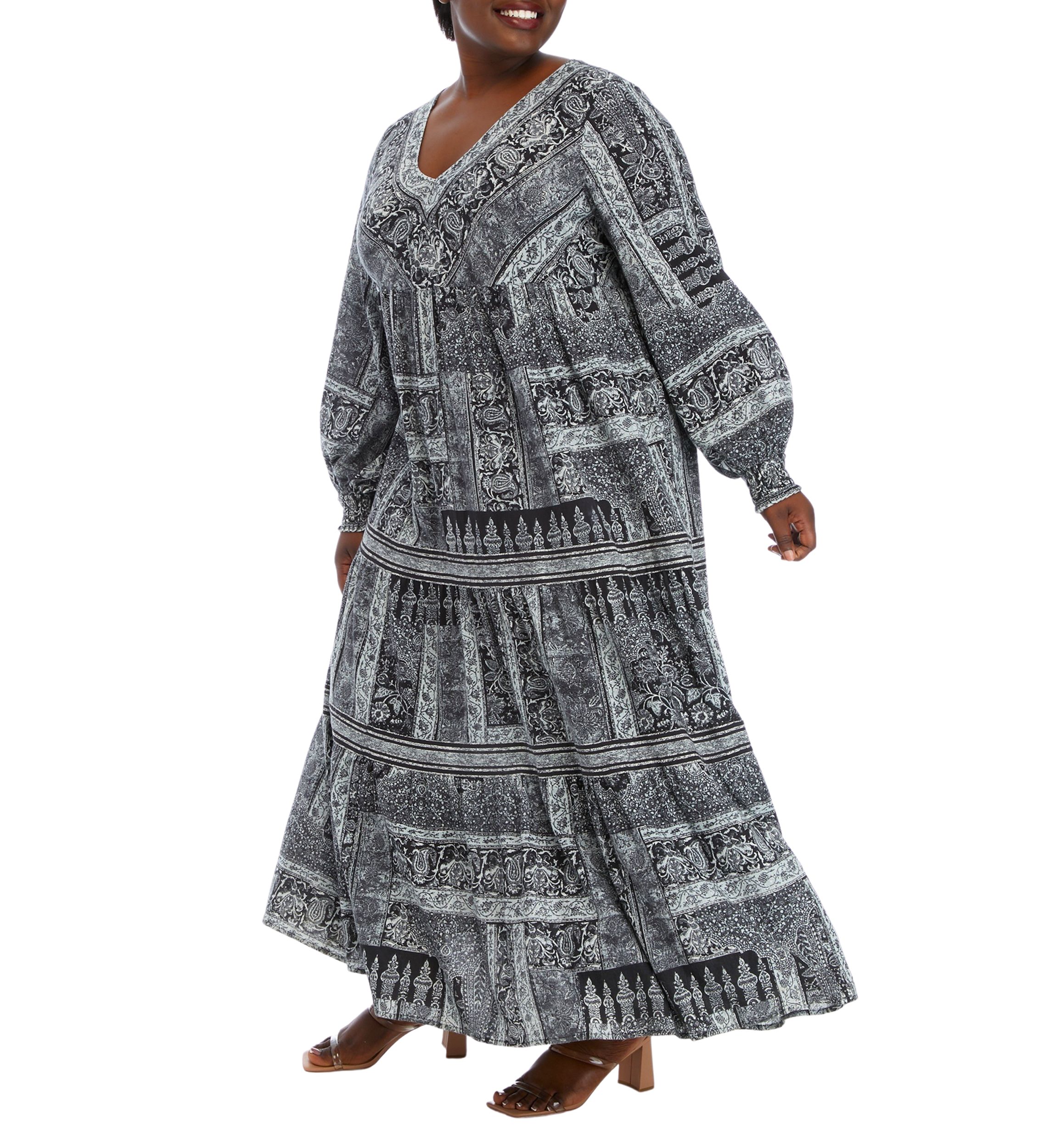 Plus Size Blouson Sleeve Tiered Maxi Dress