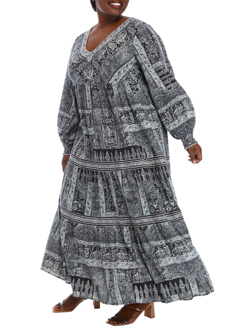 Plus Size Blouson Sleeve Tiered Maxi Dress